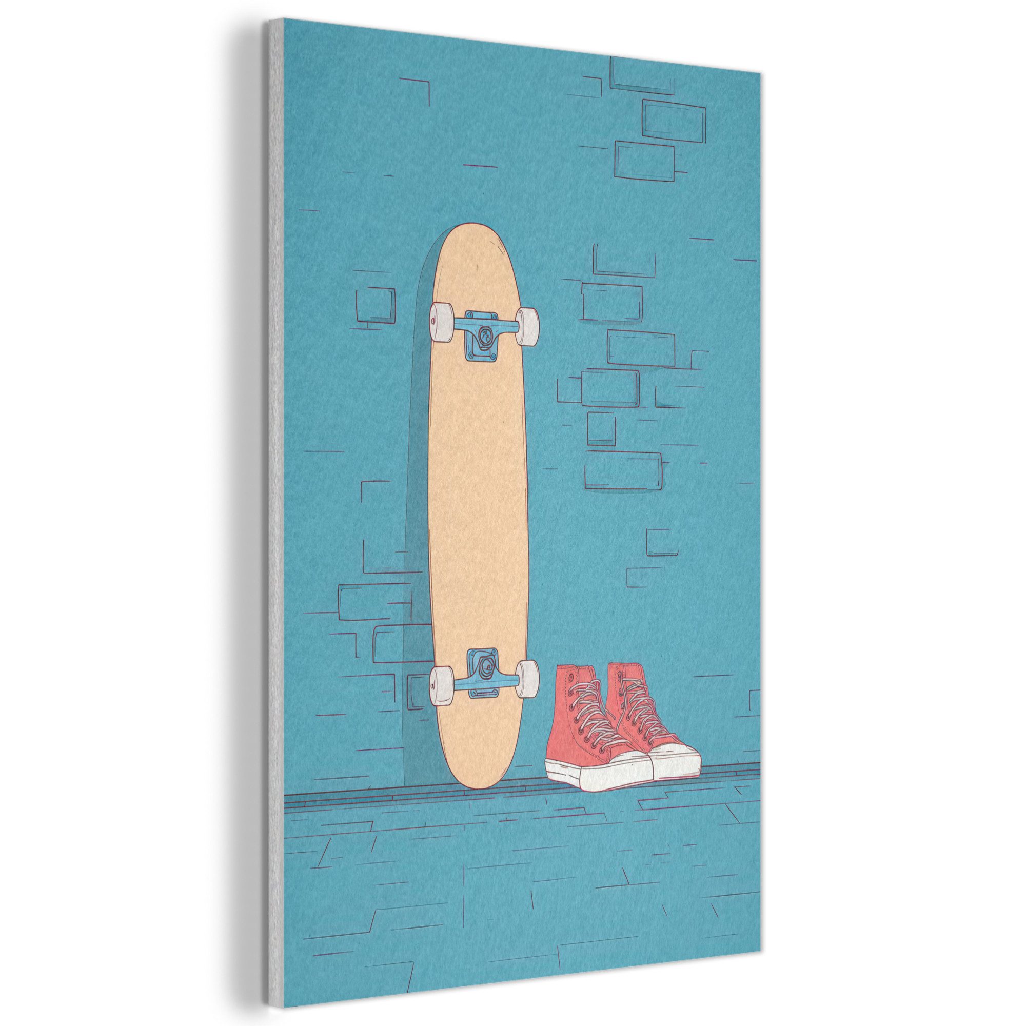 MuchoWow Gemälde Skateboard - Gymnastikschuhe - Rot - Minimalistisch, Fotodruck (1 St), Akustikbilder PET-Filz, Wandpaneele, Akustikpaneele 60x90 cm