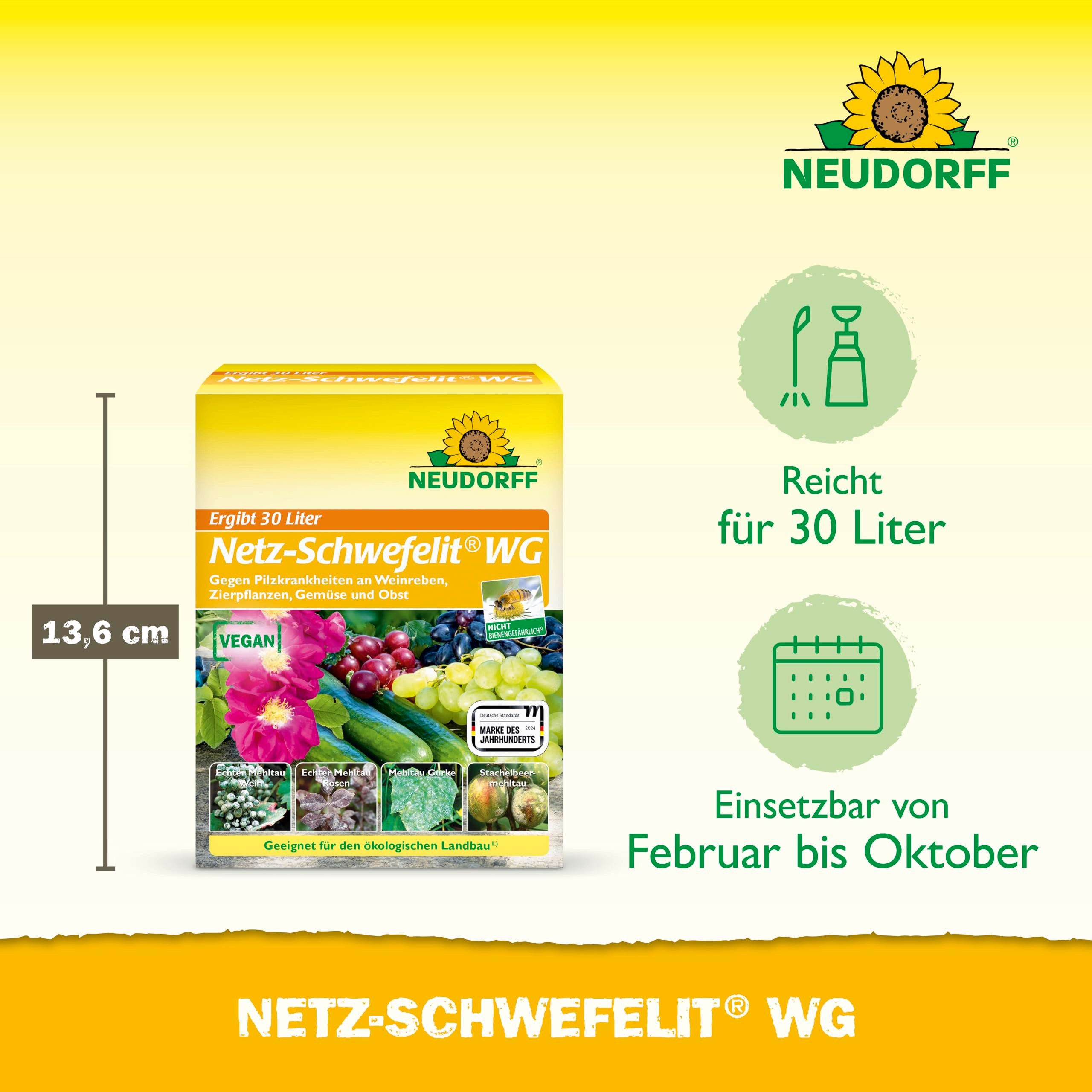 Neudorff Pflanzen-Pilzfrei Netz-Schwefelit WG 75g - 5 Beutel für 30 Liter, Netzschwefel zur wirksamen Bekämpfung von Pilzkrankheiten wie Echter Mehltau an Zierpflanzen wie Rosen, Gemüse und Obst, veganes Mittel gegen Mehltau an Wein, Rosen oder Gurken