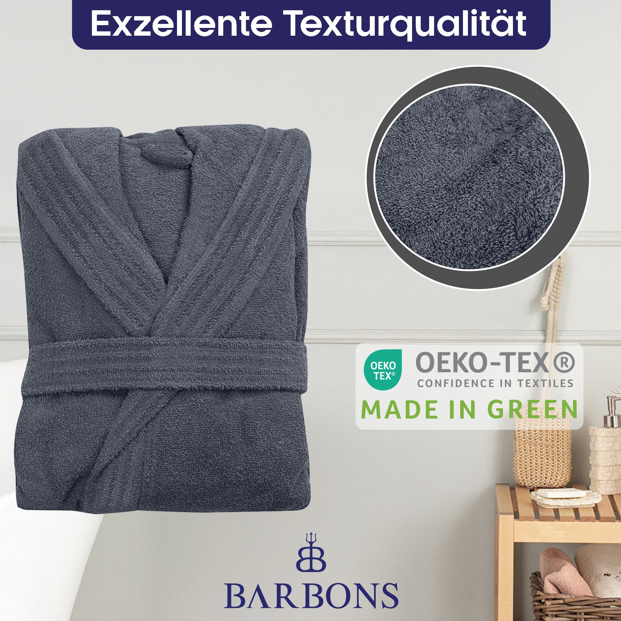 BARBONS Herrenbademantel Barbons Bademantel Herren, Morgenmantel Baumwolle mit Kapuze, Kapuze, Bindegürtel, Taschen, Gürtel, Langform, Walkfrottee, Kapuze, Gürt – Bild 3 von 5