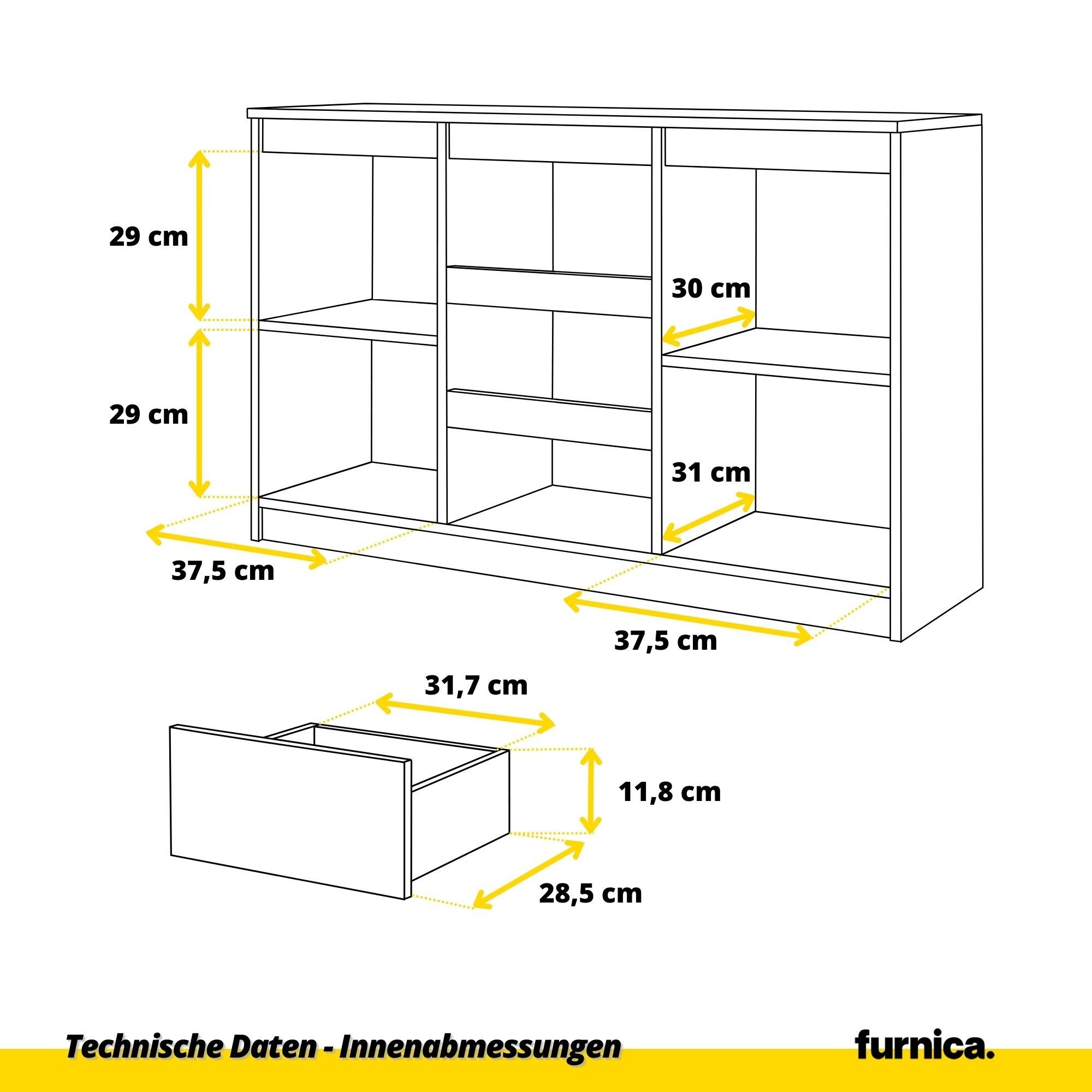Türen Furnica T35cm MIKEL, St) (1 und Beton-Optik/Schwarz Gloss - Kommode Schubladen B120cm Beton-Optik H75cm 2 3