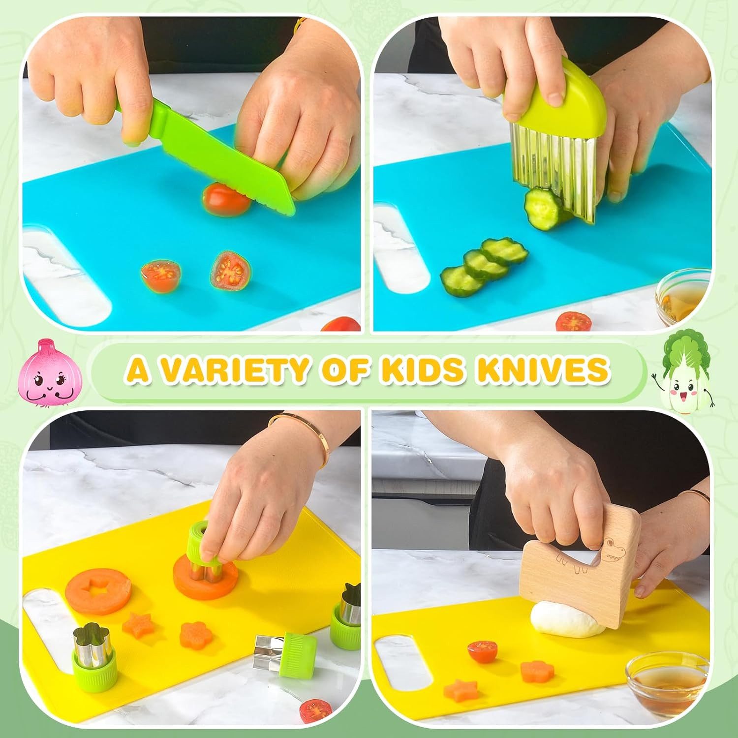 Yeegnar Kinderkochmesser 23-teiliges Montessori Kinder-Messer-Set mit Schneidebrett & Schäler, Kinder-Messer-Set mit Montessori Design, Schneidebrett & Zubehör
