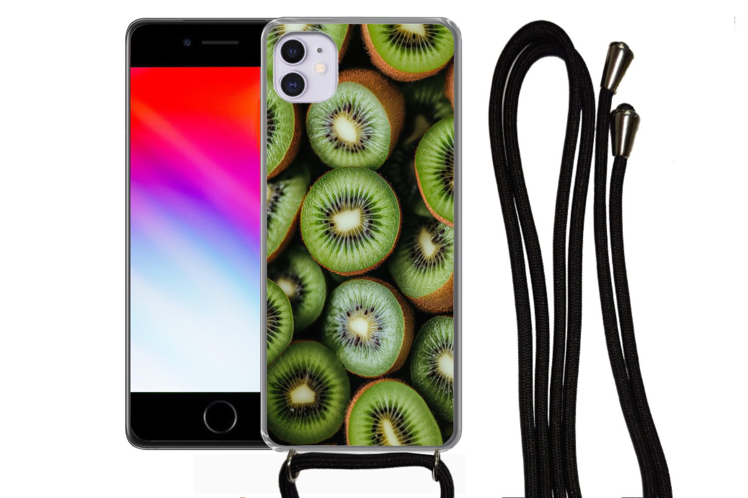 MuchoWow Handyhülle für Apple iPhone 12 Mini Kiwi - Obst - Grün, Tragbare Handyhüllen mit Kette zum umhängen, Handykette Handyband