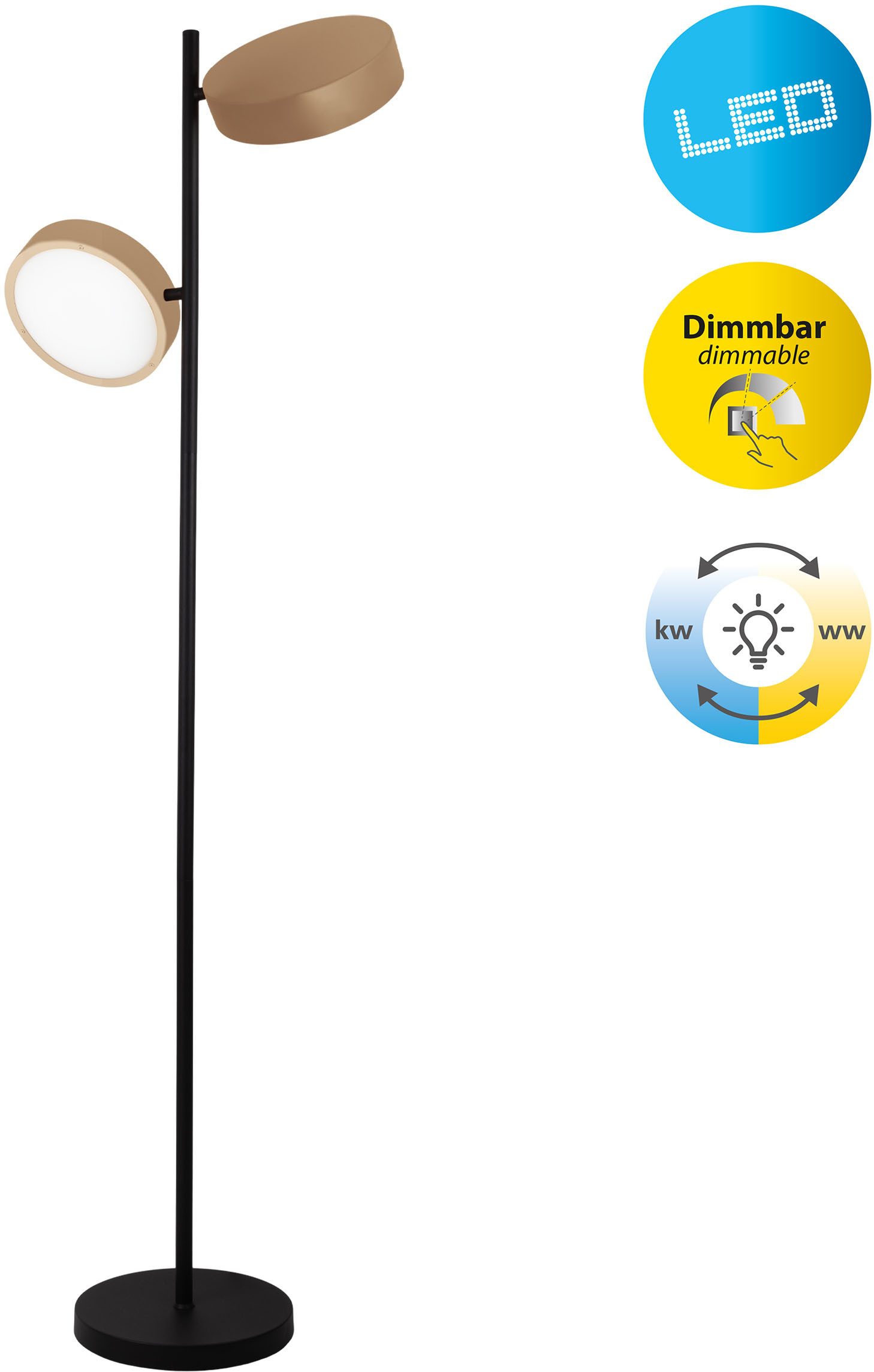 näve LED Stehlampe Tessa, Dimmfunktion, mehrere Helligkeitsstufen, LED wechselbar, warmweiß - kaltweiß, stufenlos dimmbar per Tastschalter, CCT-Funktion, Zuleitung ca. 180cm