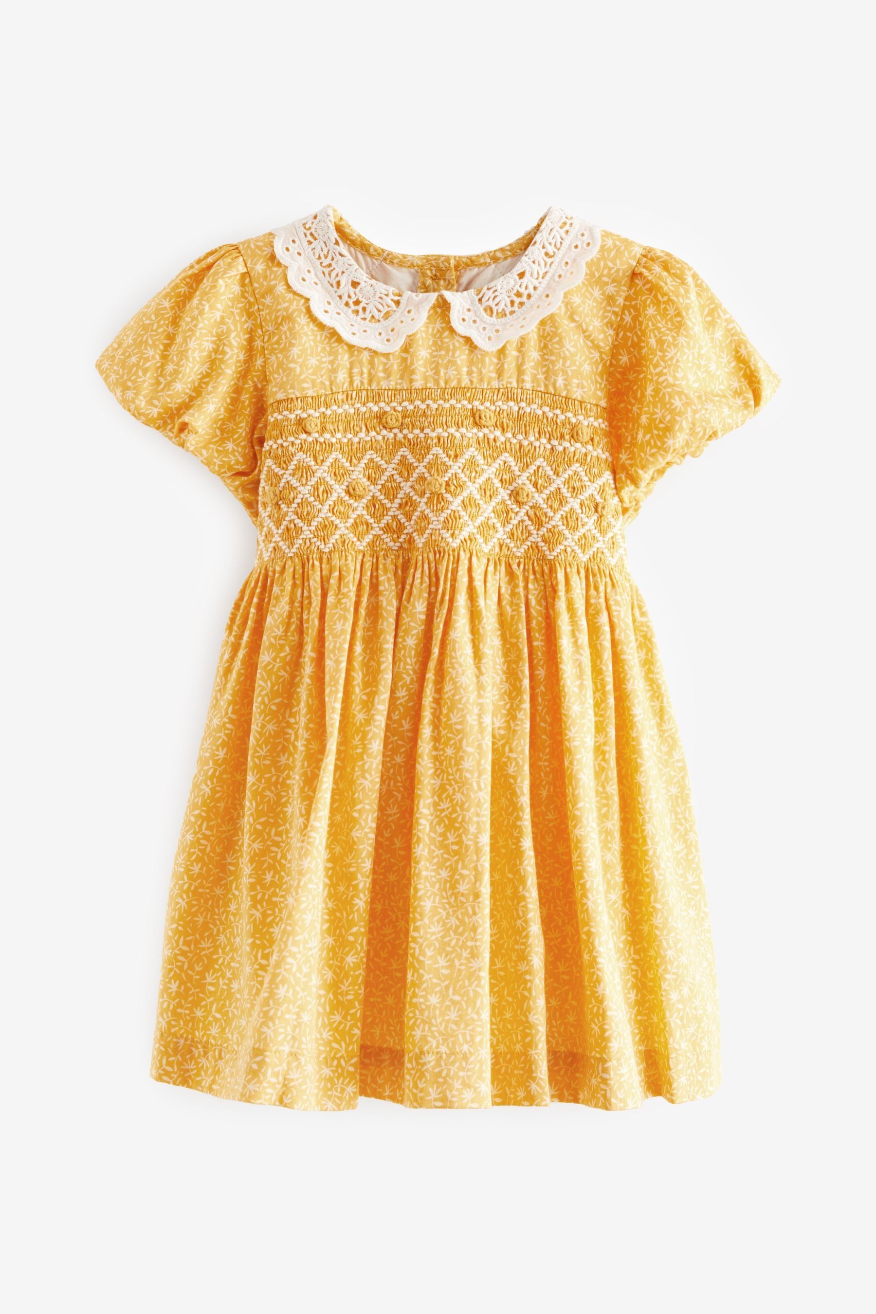 Smokkleid Yellow (1-tlg) Next Gerafftes Kleid Spitzenkragen mit