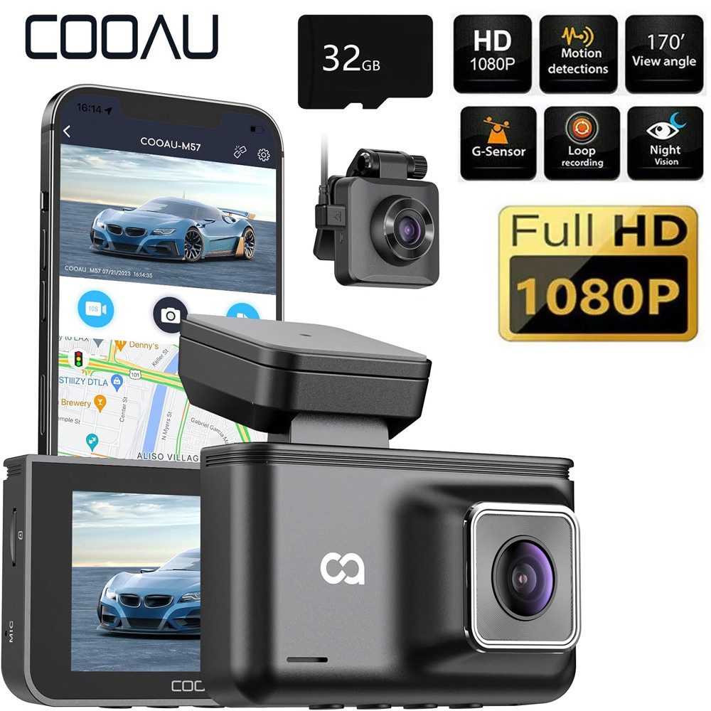 COOAU Dual Dashcam Auto Vorne Hinten 2,5K /1080P Dash Cam mit 32GB SD Karte Dashcam (HD, WLAN (Wi-Fi), Nachtsicht,24 Std. Parkmodus und Bewegungserkennung,App Steuerung, Mit Loop-Aufnahme,170 ° Weitwinkel,G-Sensor,WDR und GPS)