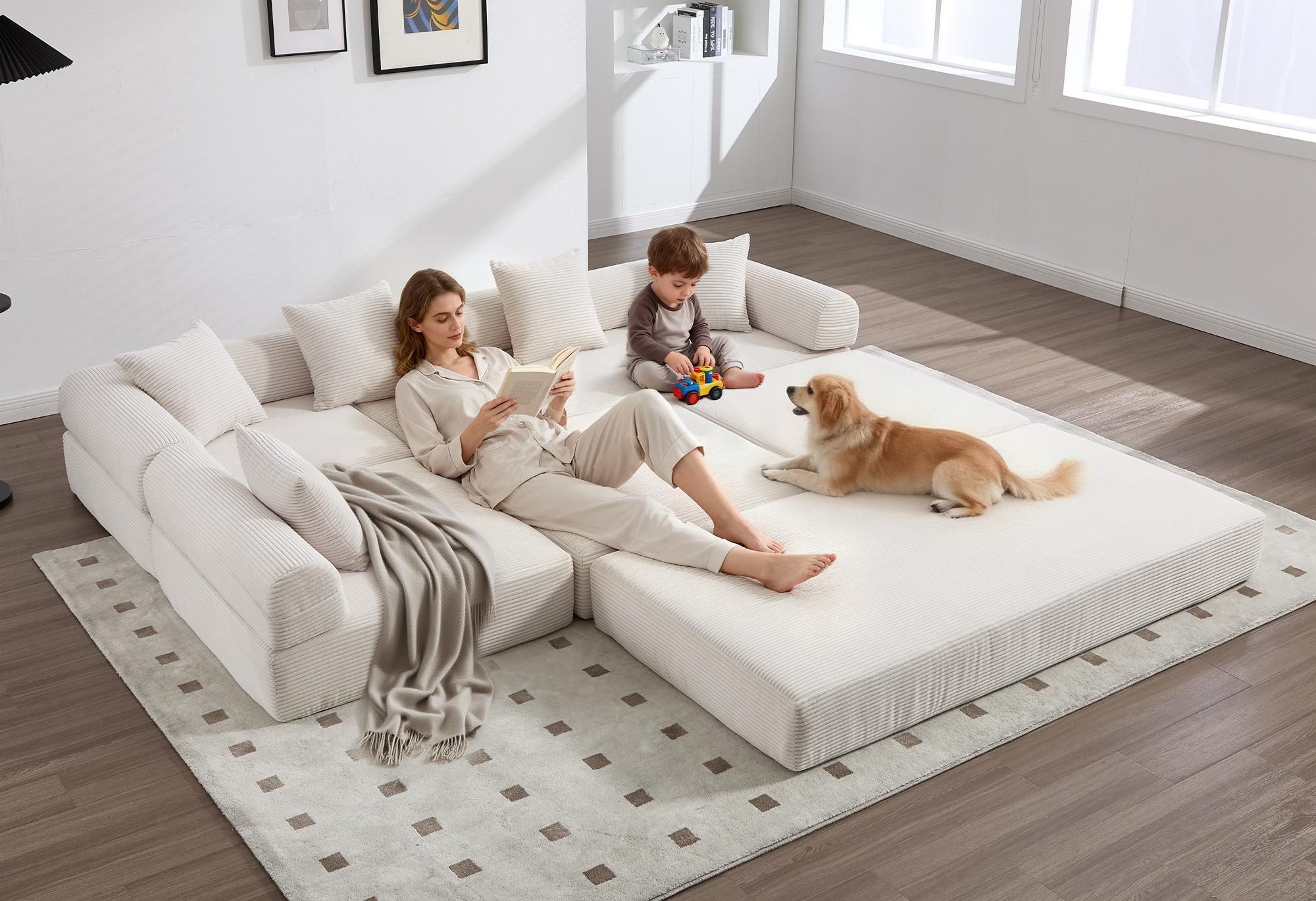 LVHOM Loungesofa Modulsofa mit Schlaffunktion, Seitentaschen, U-/L-Sofa, Fünfsitzer, 2xEinzelsessel + 1xDreisitzer, kombinierbar, Schlafsofa(Jedes Modul entfaltet sich zu separater Schlaffläche), 5 Zierkissen, Cordstoff, reichhaltige Füllung, 300 kg belastbar, tierfreundlich, kratzfest, knitterarm, Metall-Cord-Kombination, einfache Montage, Wohnzimmer/Homeoffice/Schlafzimmer/Gästeübernachtung