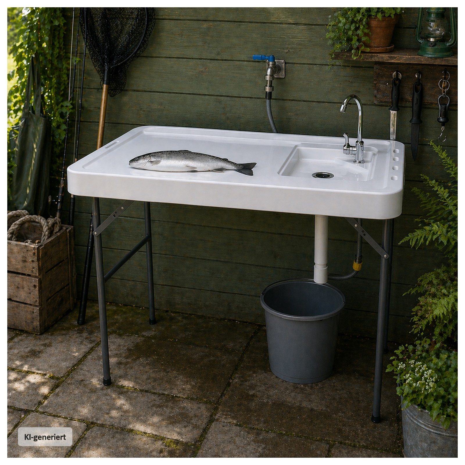 HTI-Living Campingtisch Fischreinigungstisch klappbarer Filetiertisch (Stück, 1-St., 1 Wasserhahnanschlussohr, 1 Galvanikwasserhahn, 1 Kanalisationsrohr), Campingspüle