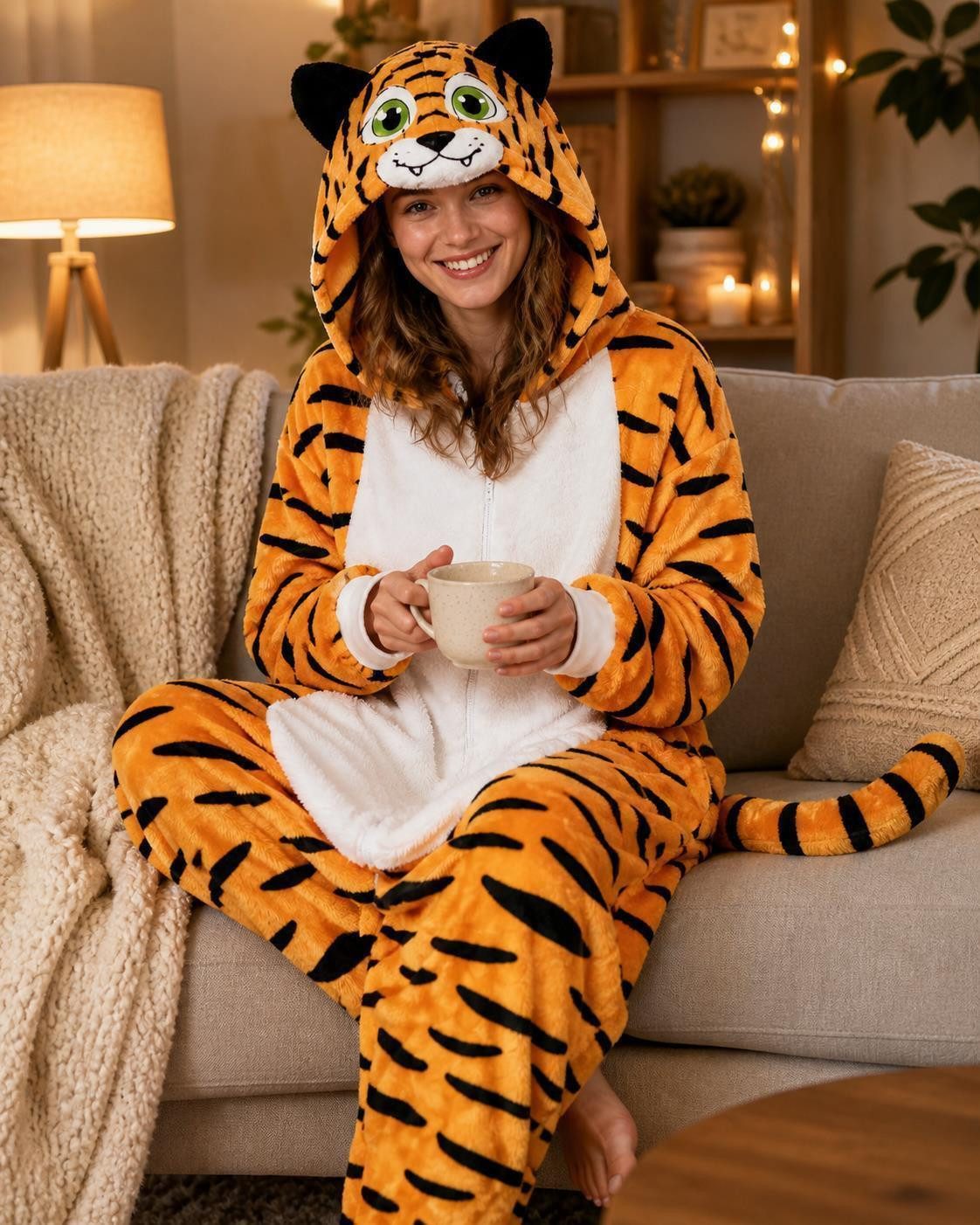 Corimori Partyanzug Flauschiges Tiger-Kostüm für Erwachsene, Karneval Kostüm Onesie für, Jumpsuit, Pyjama, Fasching, Kigurumi, Tierkostüme, Tiger Makari