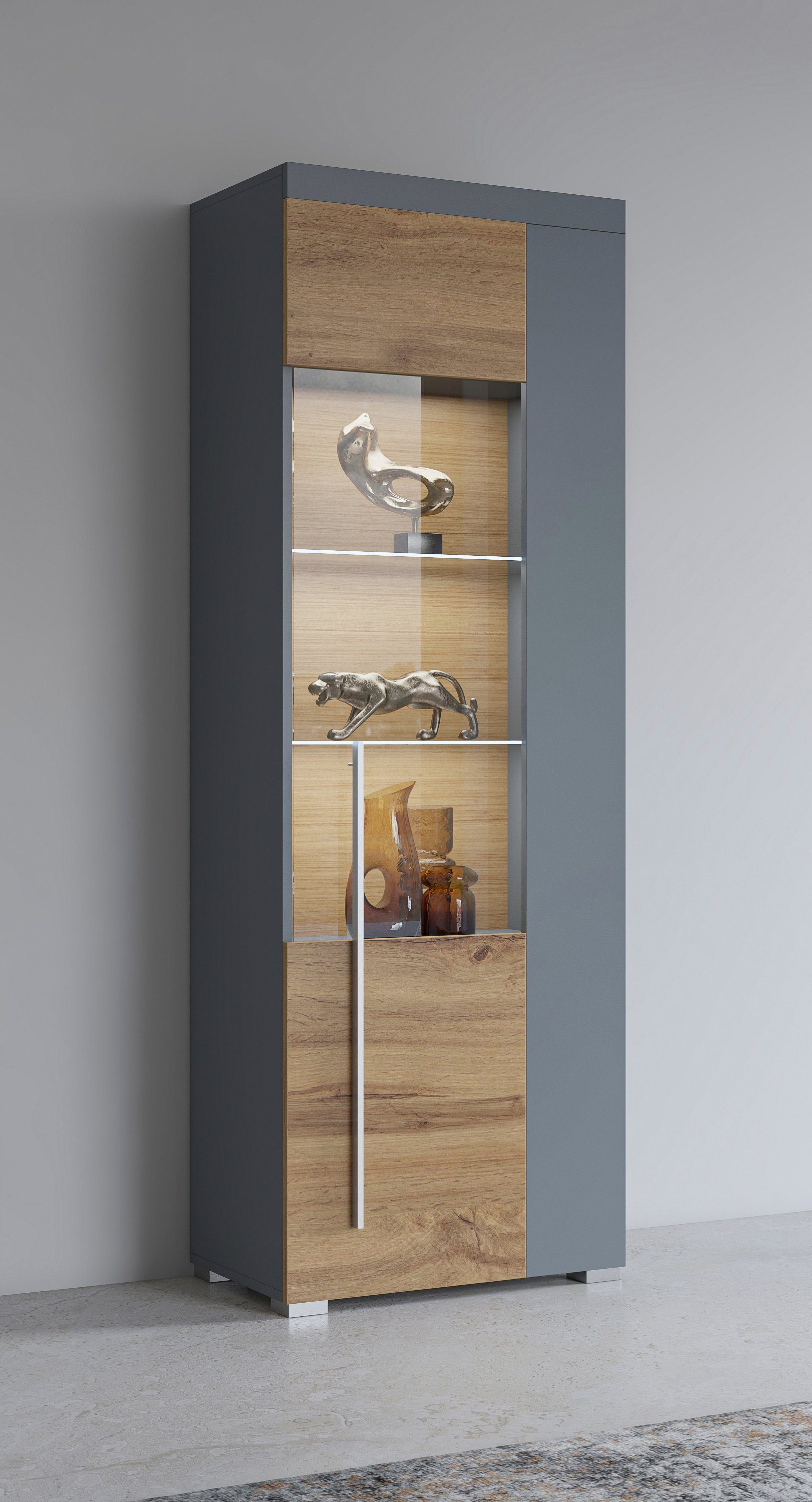 Helvetia Vitrine Roger,Höhe 160cm stilvolle Glasvitrine mit verstellbare Glasböden Standvitrine 1Trg, viel Stauraum, ohne Beleuchtung