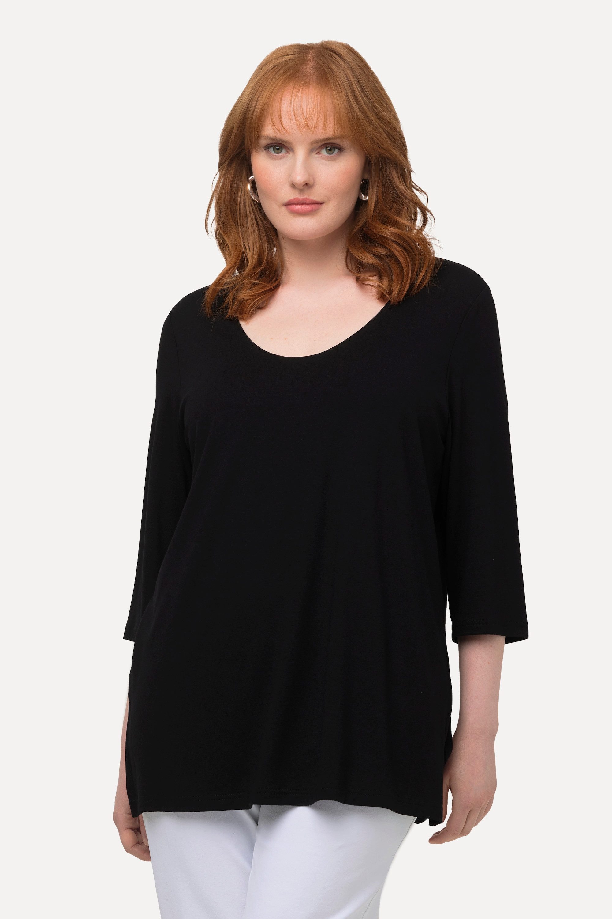 Ulla Popken T-Shirt Shirt tiefer Rundhalsausschnitt 3/4 Arm