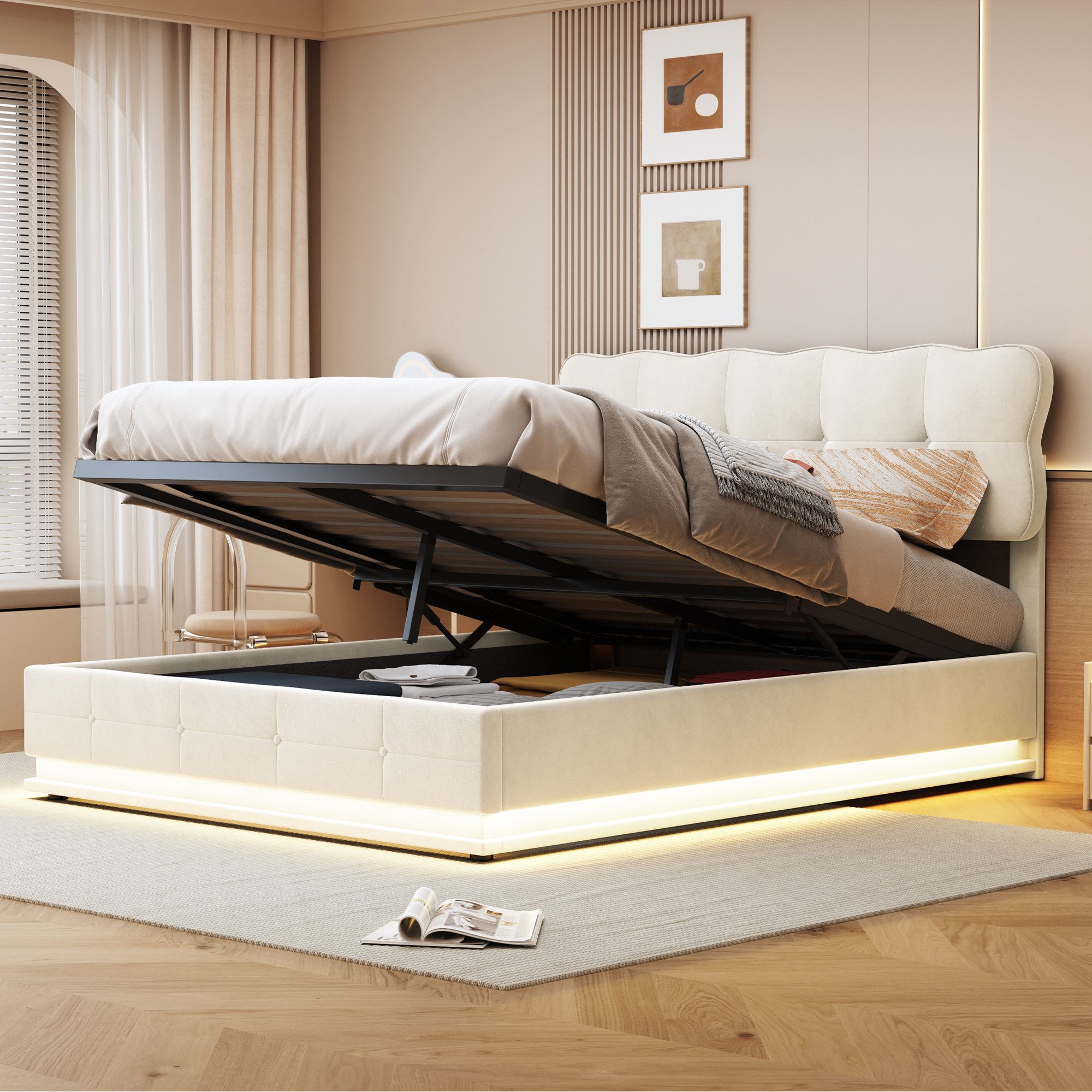 FUROKOY Boxspringbett 140x200cm LED Doppelbett Stauraumbett günstig online kaufen