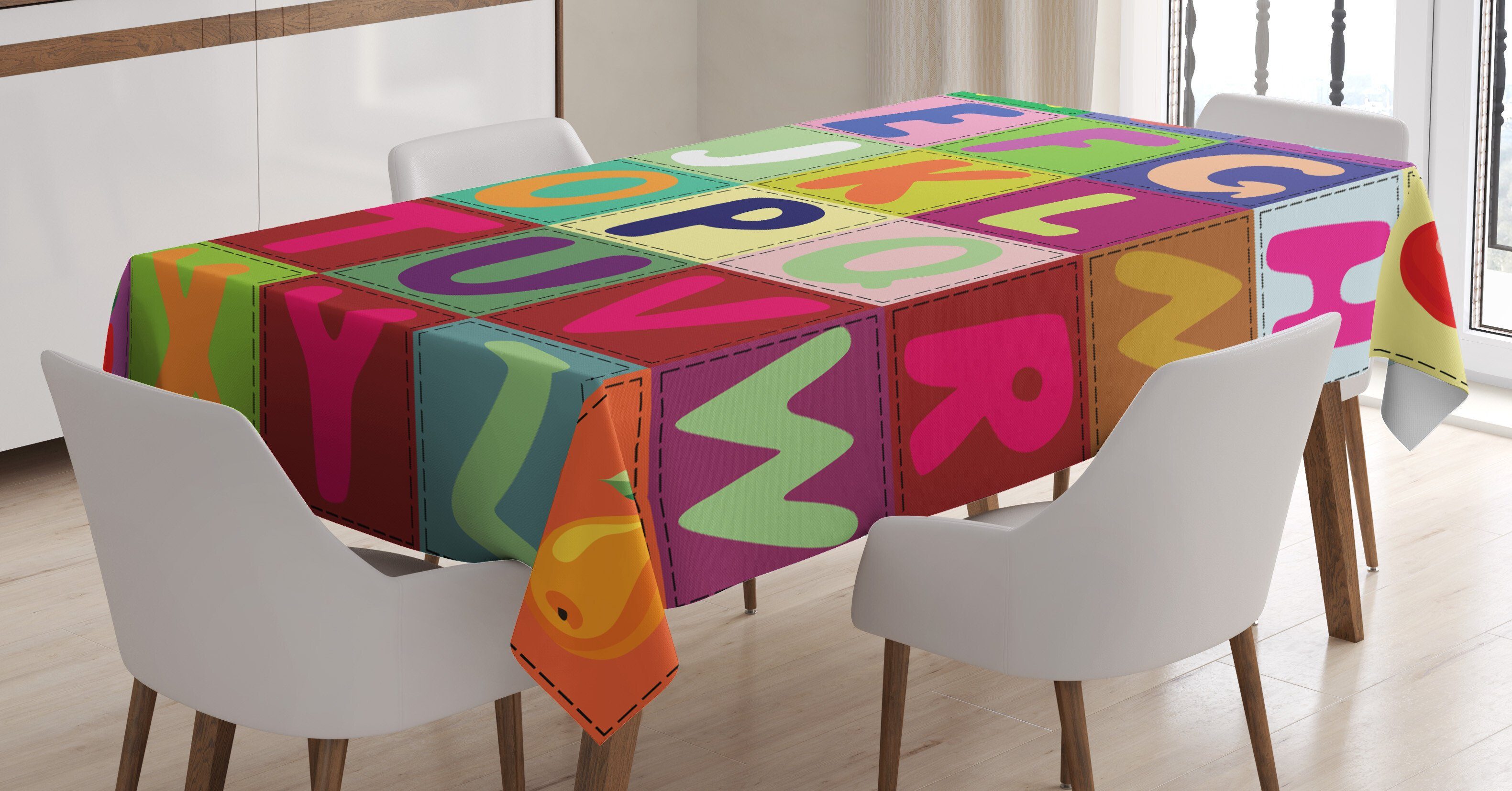 Abakuhaus Tischdecke Farbfest Waschbar Für den Außen Bereich geeignet Klare Farben, Alphabet ABC und Obst Squares