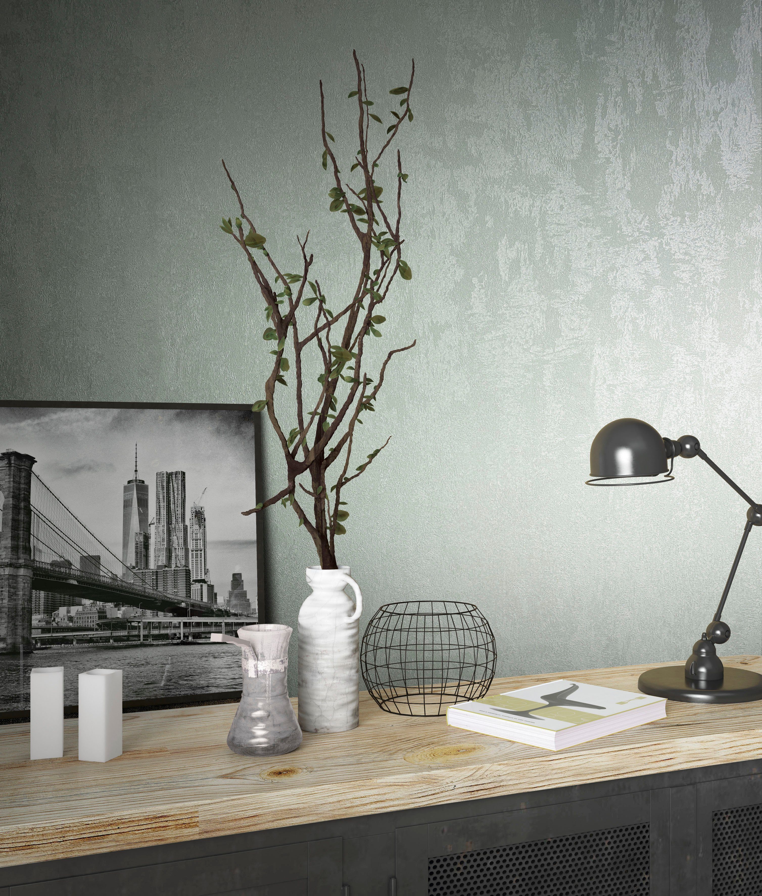 Marburg Vliestapete Concrete, strukturiert, glänzend, Wohnzimmer blassgrün für moderne Küche Schlafzimmer Vliestapete