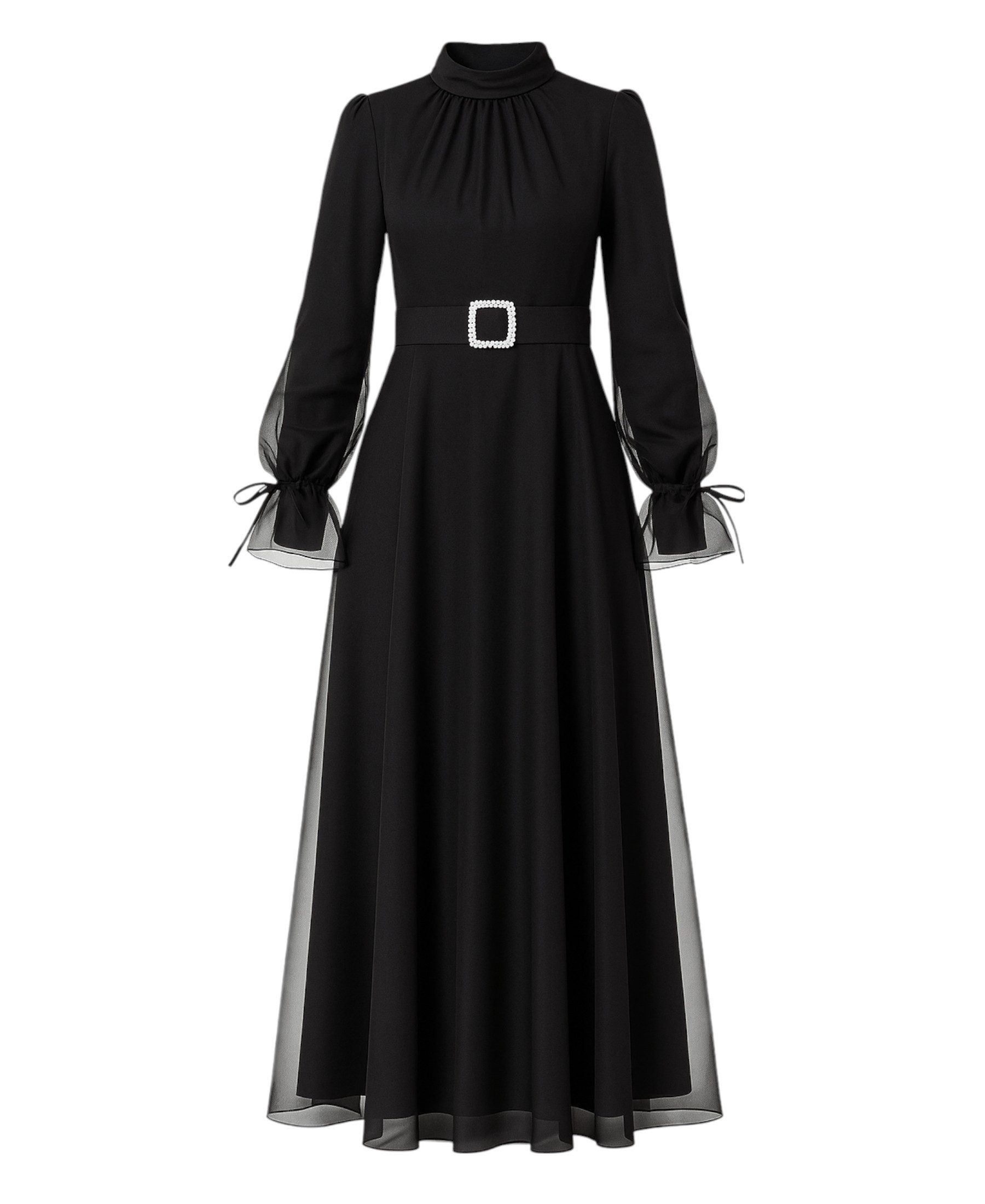 Abendkleid Damen Tüll Maxikleid Langarm – Festkleid mit Gürtel Modest Fashion