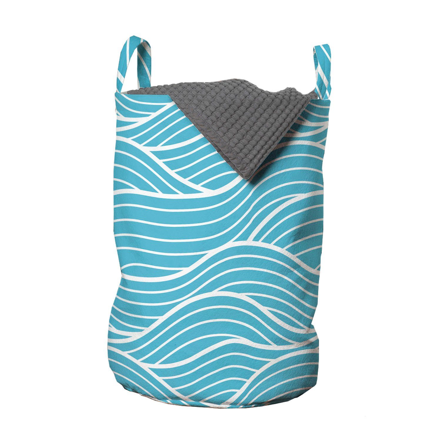 Wäschesäckchen mit Waschsalons, Griffen Wäschekorb Sea Wellen für Lines Curved Abakuhaus Bicolored Kordelzugverschluss