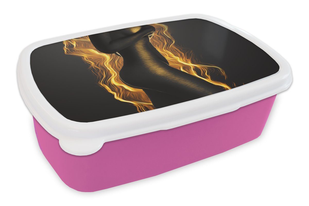 Brotbox rosa Snackbox, (2-tlg), Gold Feuer, Lunchbox - für Erwachsene, Kinder, Kunststoff - Brotdose Kunststoff, Körper MuchoWow Mädchen,