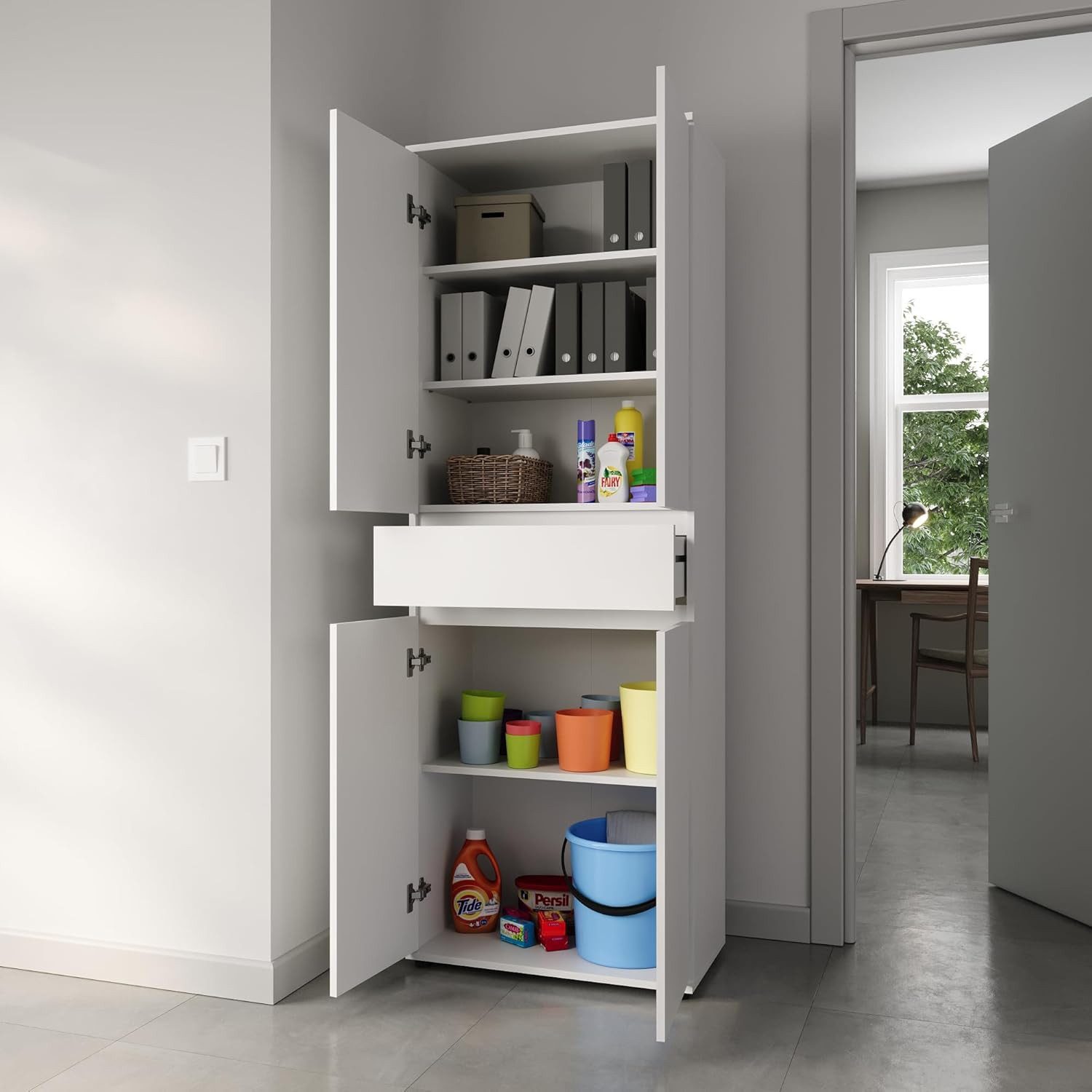 Home Collective Mehrzweckschrank Schrank 60 cm breit mit 4 Türen & Schublade mit 3 Einlegeböden 64x34x180 cm (BxTxH) Weiß – Bild 4 von 5