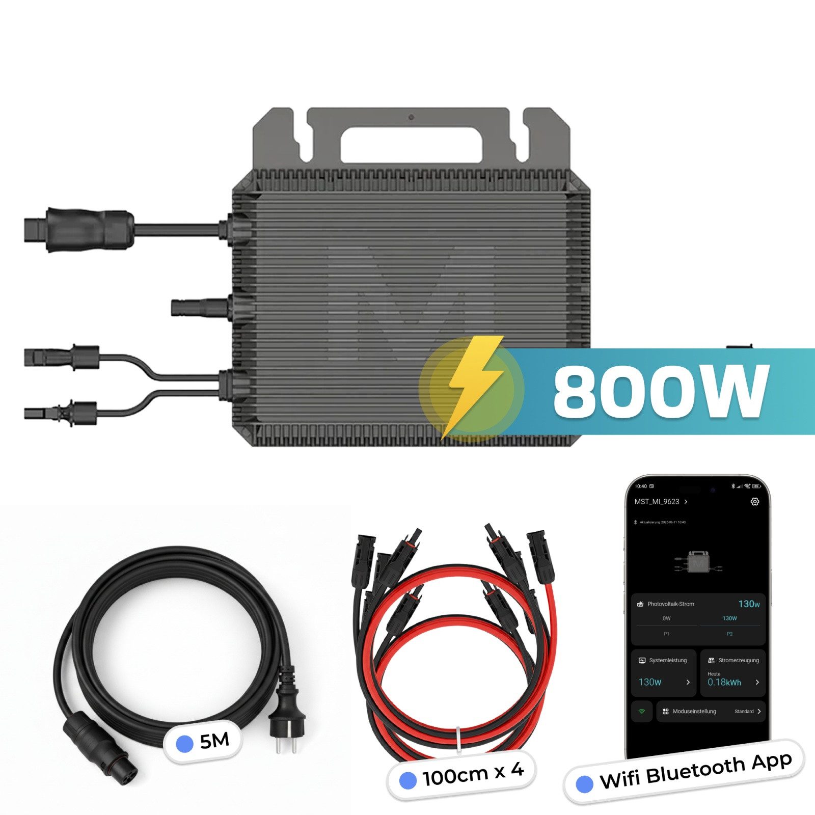 SUNNIVA Wechselrichter MARSTEK MST-MI0800 800 W für Balkonkraftwerk, (2× MPPT, IP67 wetterfest, WLAN & App, Plug-&-Play Balkon-Photovoltaik, inkl. 5 m Anschlusskabel + 4× 1 m Verlängerungskabel)