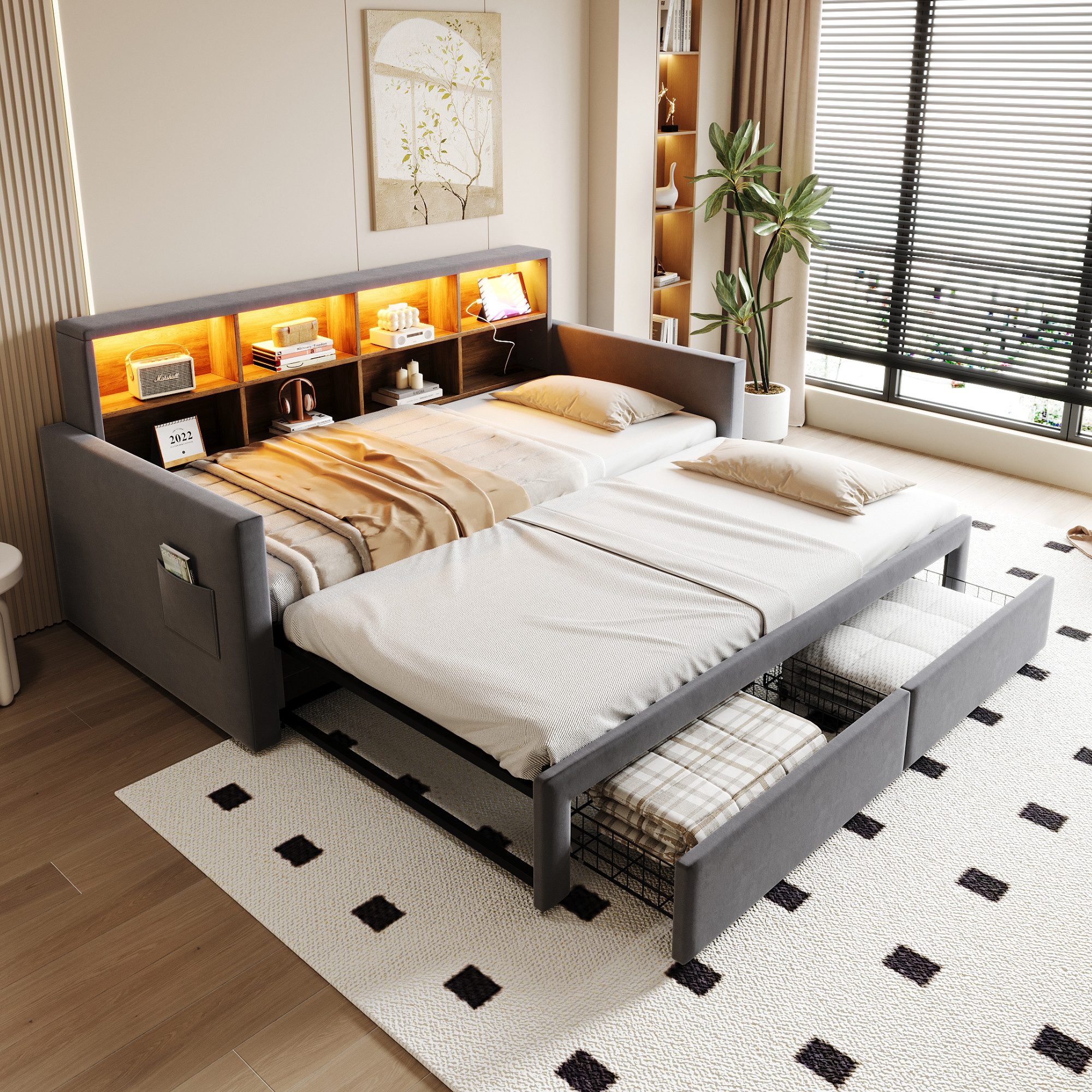 i@home Daybett Polsterbett, Tagesbett, Ausziehbett, Ausziehbares Daybett 90/180 x190cm, LED-Lichtleiste und Ladesteckdosen