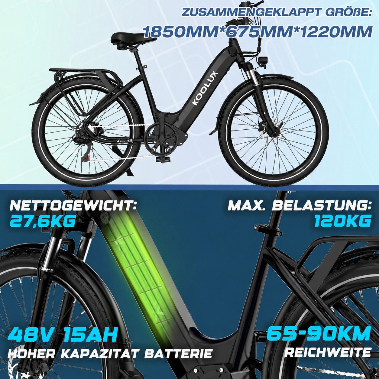 KOOLUX E-Bike 26/27,5 Zoll Elektrofahrrad für Damen/Herren,elektro-cityrad, Heckmotor, 720 Wh, Elektrofahrrad 7-Gang Shimano 48V15AH Herausnehmbare Batterie