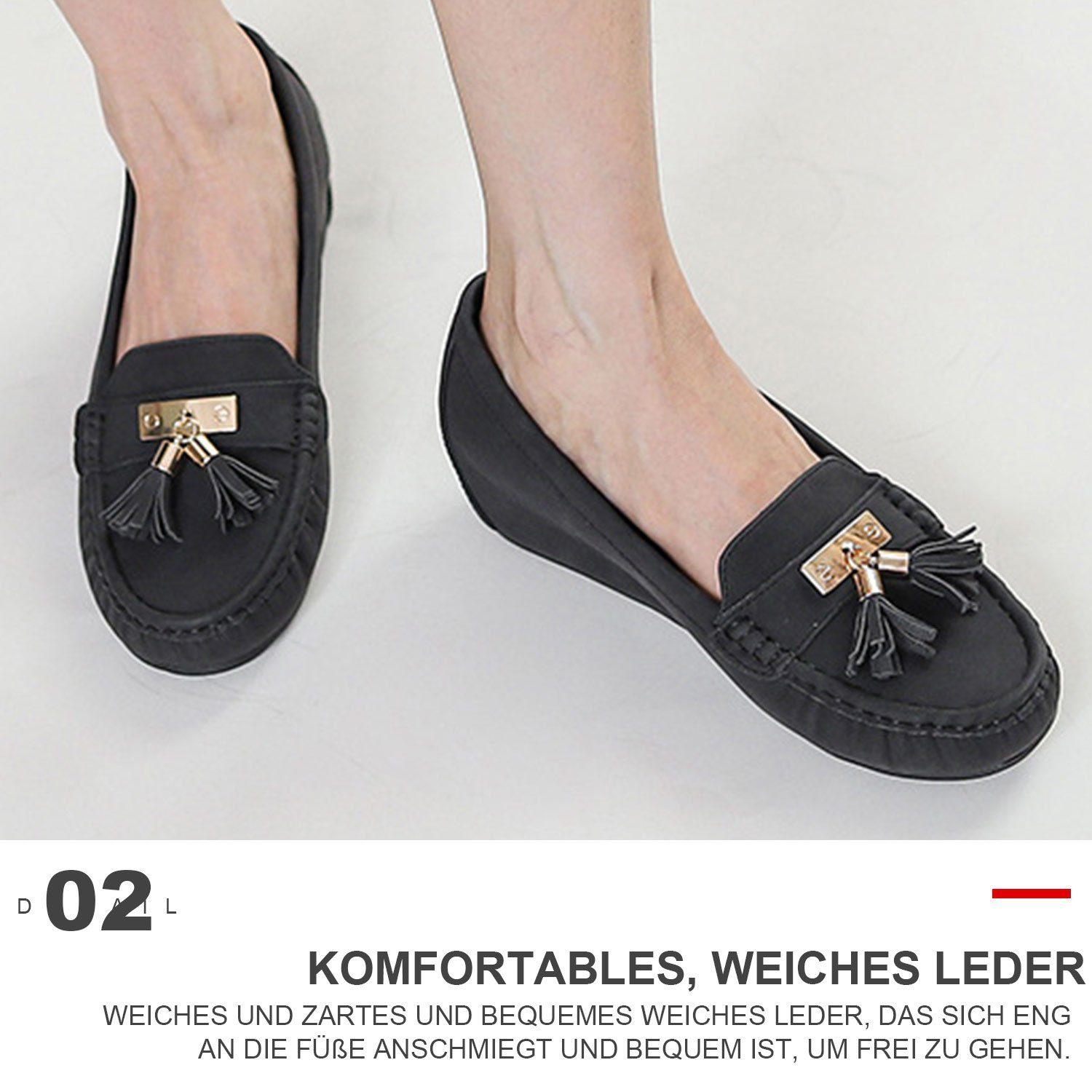 Damen Schwarz Loafer mit Slipper Quaste Loafer Daisred Leder Elegant Stabiler,