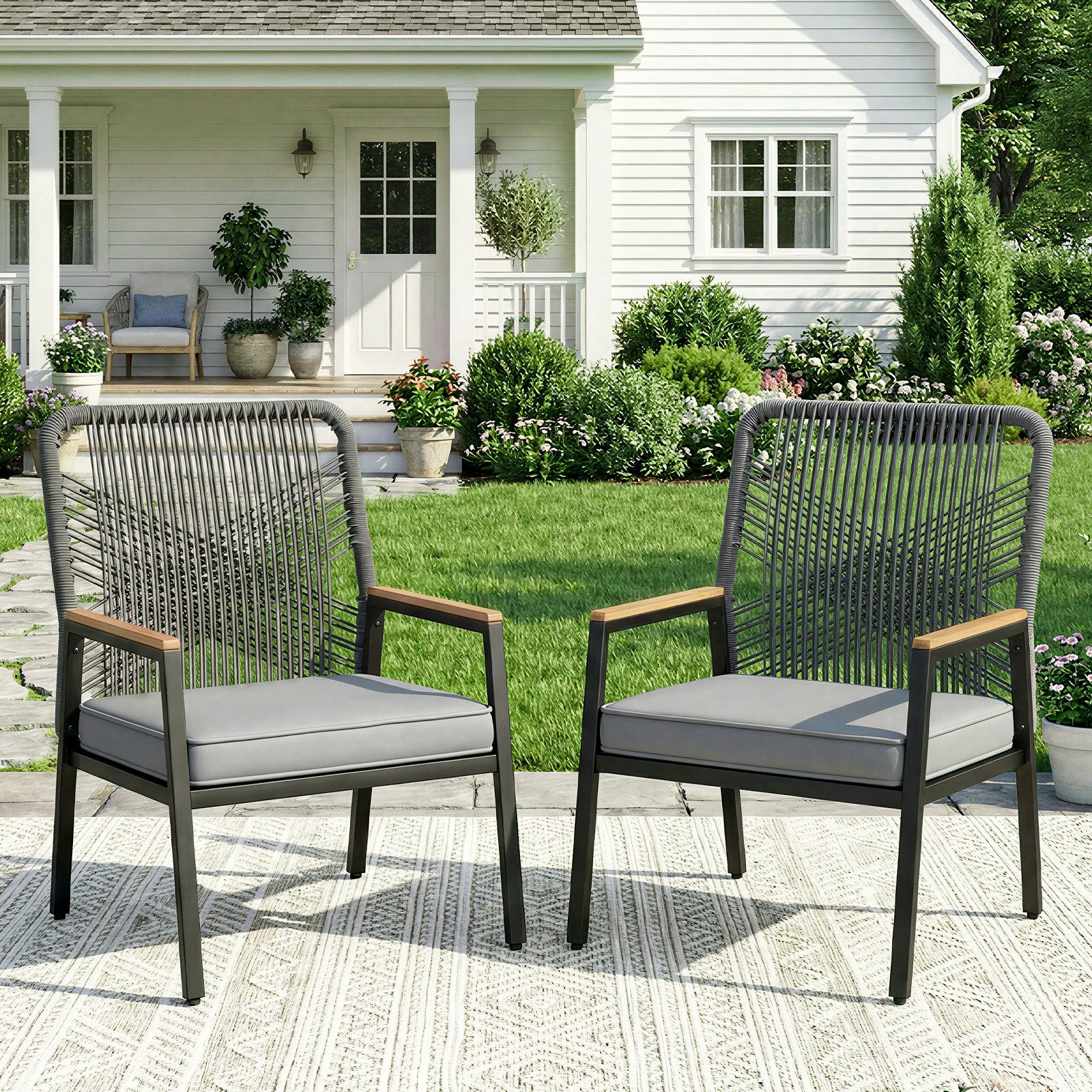 TLGREEN Gartenstuhl Eisen-Rattan Gartensessel,verbreiterter Sitz, (Balkonstühle Metall und Rattan, mit 8 cm dicken Sitzkissen, 2 St), 160 kg Belastbar für Terrasse, Garten und Veranda