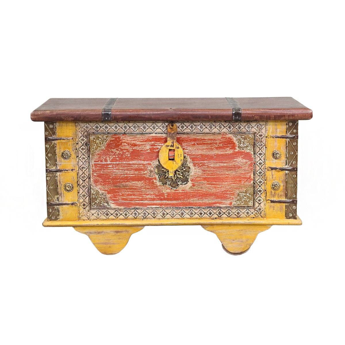 Oriental Galerie Truhe Indische Truhe Gelb Braun 80 cm, Beistelltisch, Holztruhe, Antik, Wäschetruhe, Möbeltruhe, Holzkiste