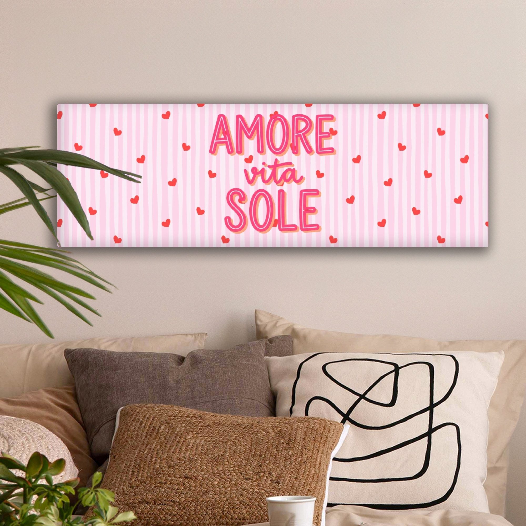 OneMillionCanvasses® Leinwandbild Panorama Amore vita Sohle - Rosa - Herzen, Fotodruck (1 St), Wandbild, Deko Schlafzimmer Wohnzimmer Flur 60x20 cm