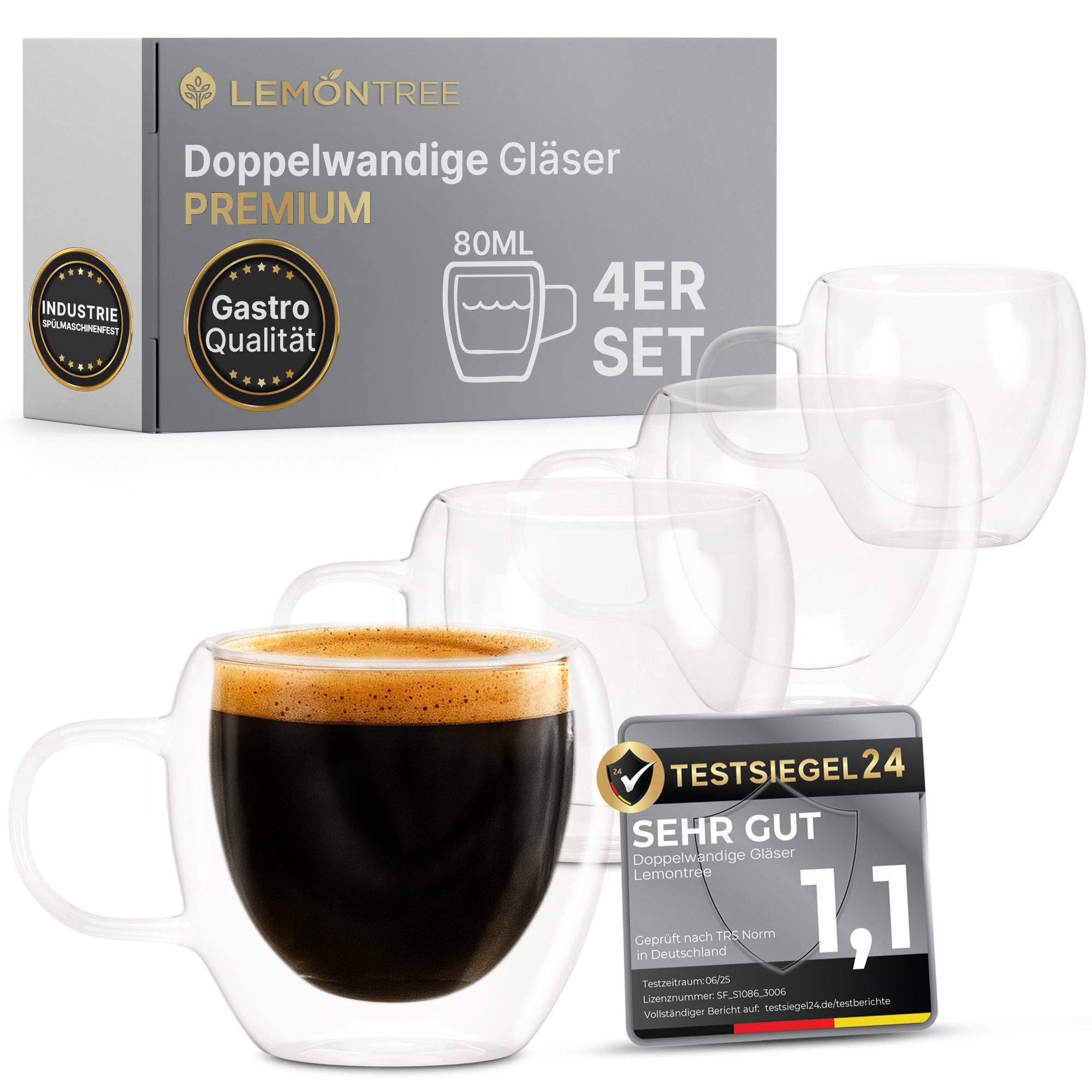 Lemontree Thermotasse 4er Set Cappuccino Tassen - Latte Macchiato Gläser doppelwandig, 180 Grad spülmaschinenfest und hitzebeständig - Gastronomie Qualität