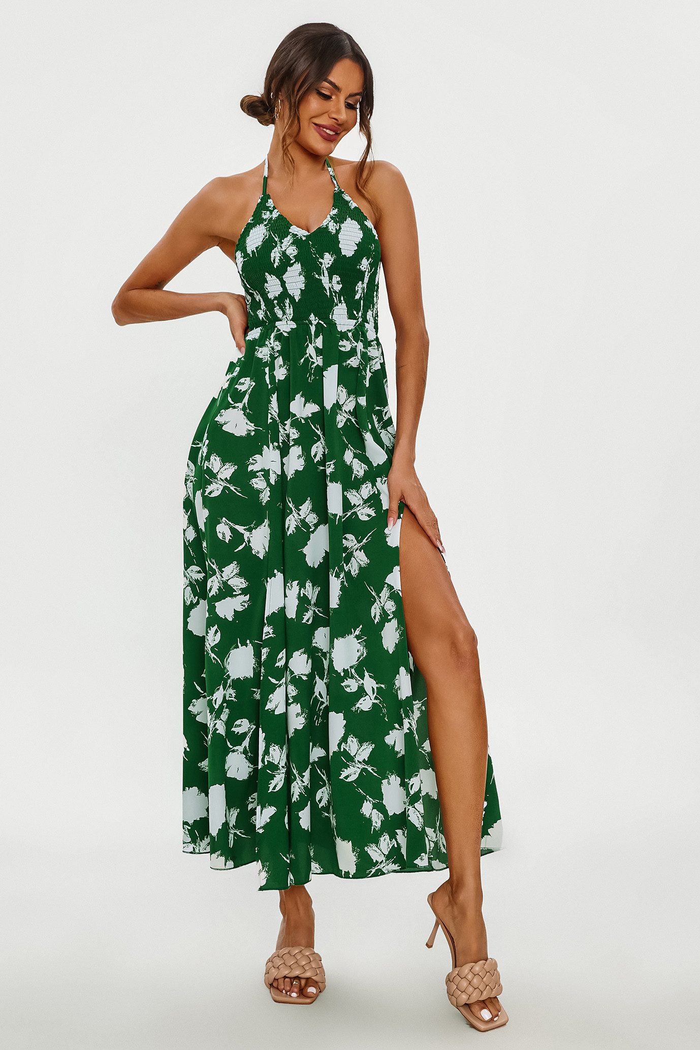 FS Collection Sommerkleid Damen Sommerkleid Maxikleid Neckholderkleid Rückenfrei Schlitz (S (UK 8/10 · EU 36/38) M (UK 10/12 · EU 38/40) L (UK 12/14 · EU 40/42) XL (UK 14/16 · EU 42/44) Neckholder, rückenfrei, Rückenschnürung, Beinschlitz, floral print