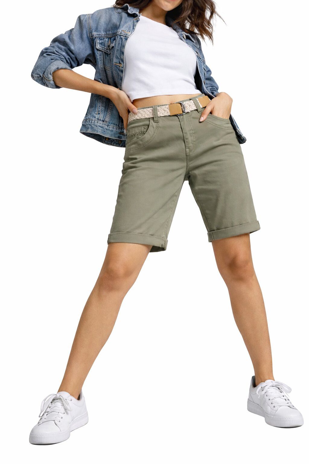 Shorts Damen Chino Bermuda kurze Hose leichte Sommerhose mit Gürtel