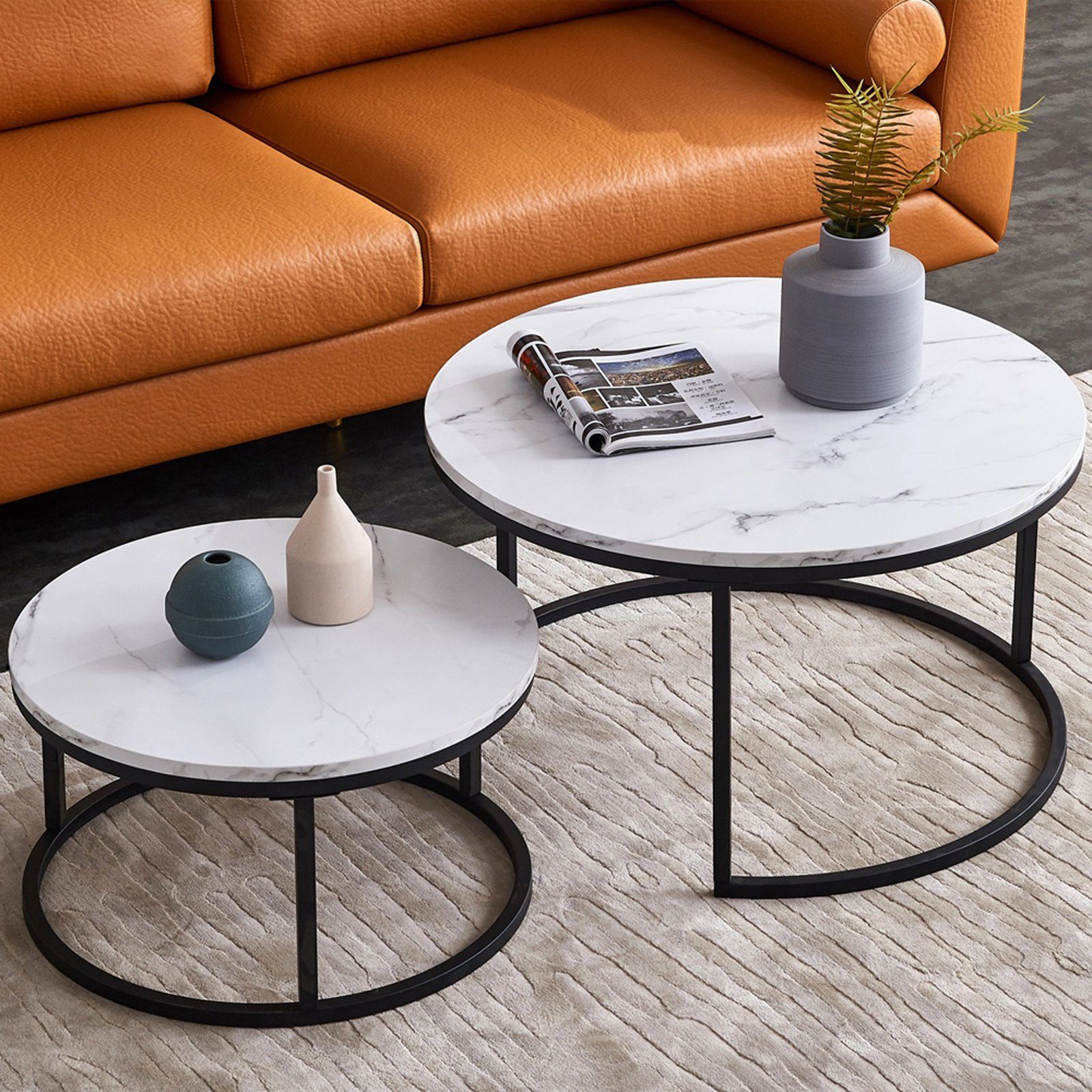 SEEZSSA Couchtisch 2 runde Tisch-Sets mit Hölzerne Glänzende Oberfläche, Familienmöbel mit Metallbodenrahmen & Holz oben,Gold/Schwarz