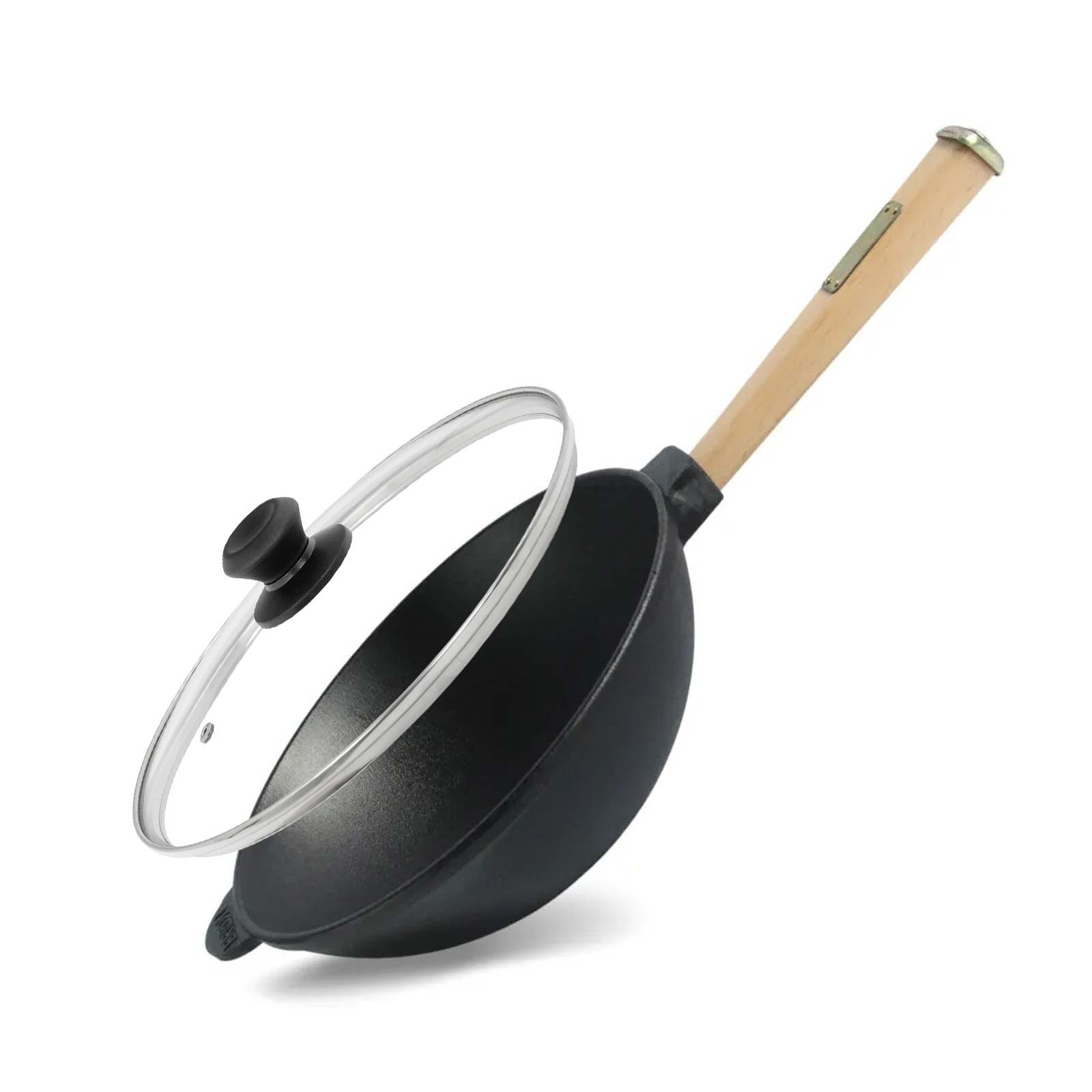 4BIG.fun Wok Wok Bratpfanne Ø24 cm 2,2 L aus Gusseisen, Gusseisen (mit Holzgriff Glasdeckel Asia Wokpfanne Induktion), Holzgriff abschraubbar, Induktionsgeeignet