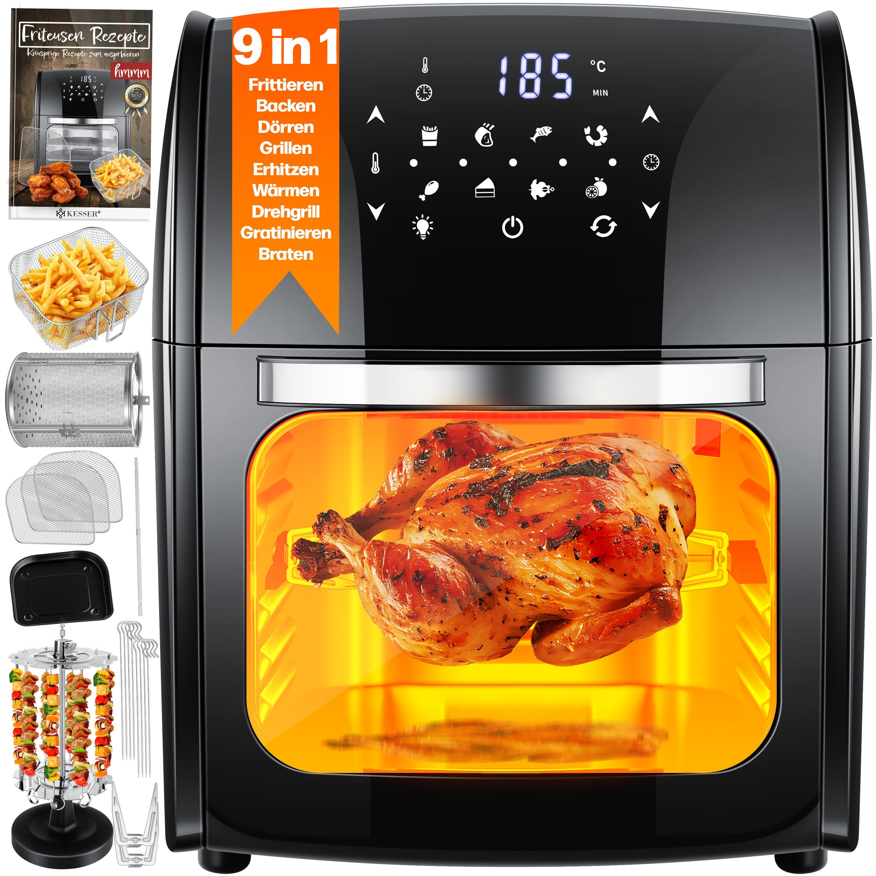 Drehgrill XXL Airfryer 9in1 1800 Fritteuse Heißluftfritteuse, KESSER Heißluftfritteuse W,