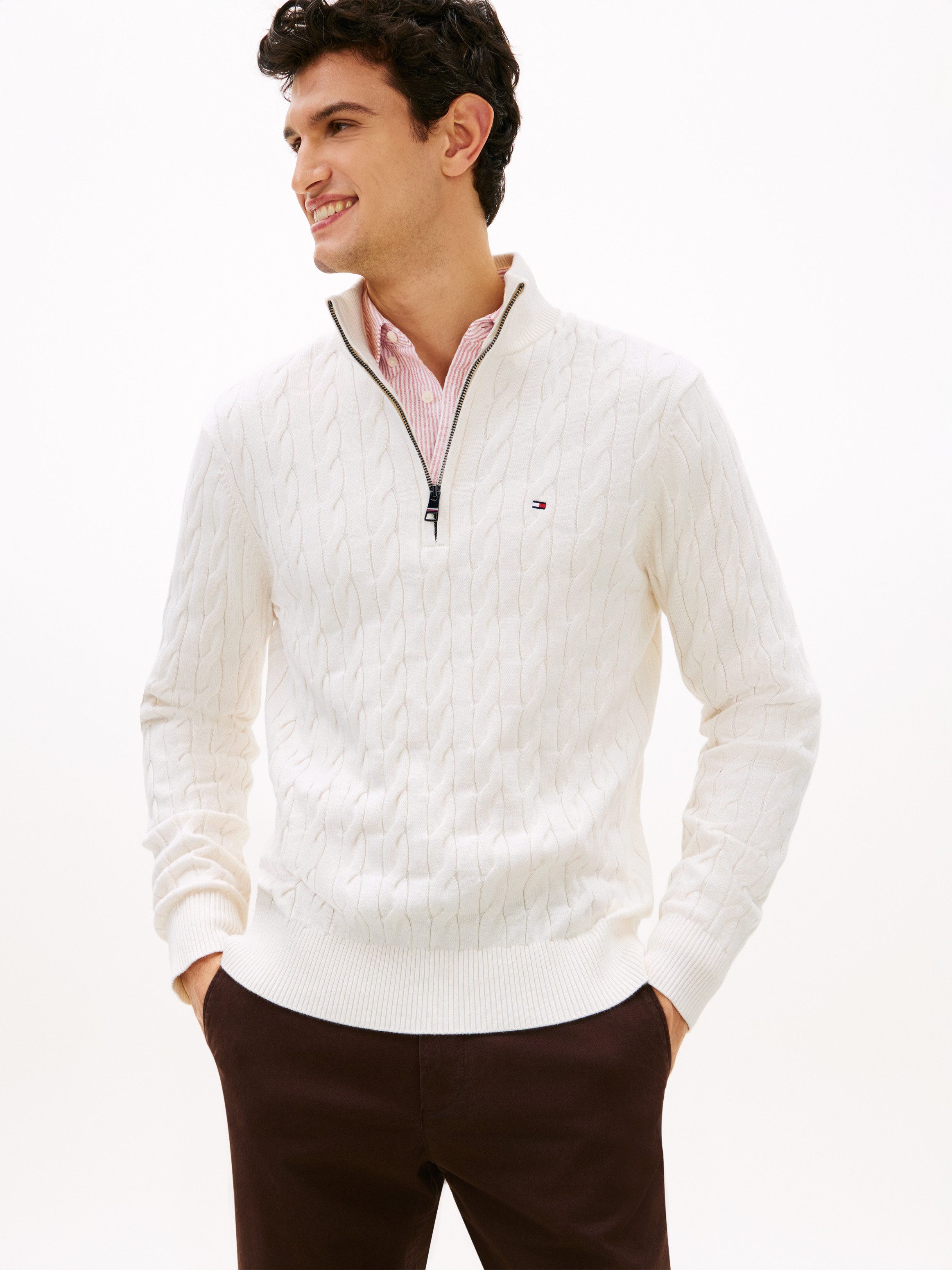 Tommy Hilfiger Strickpullover CLASSIC COTTON CABLE ZIP MOCK mit modischem Zopfmuster