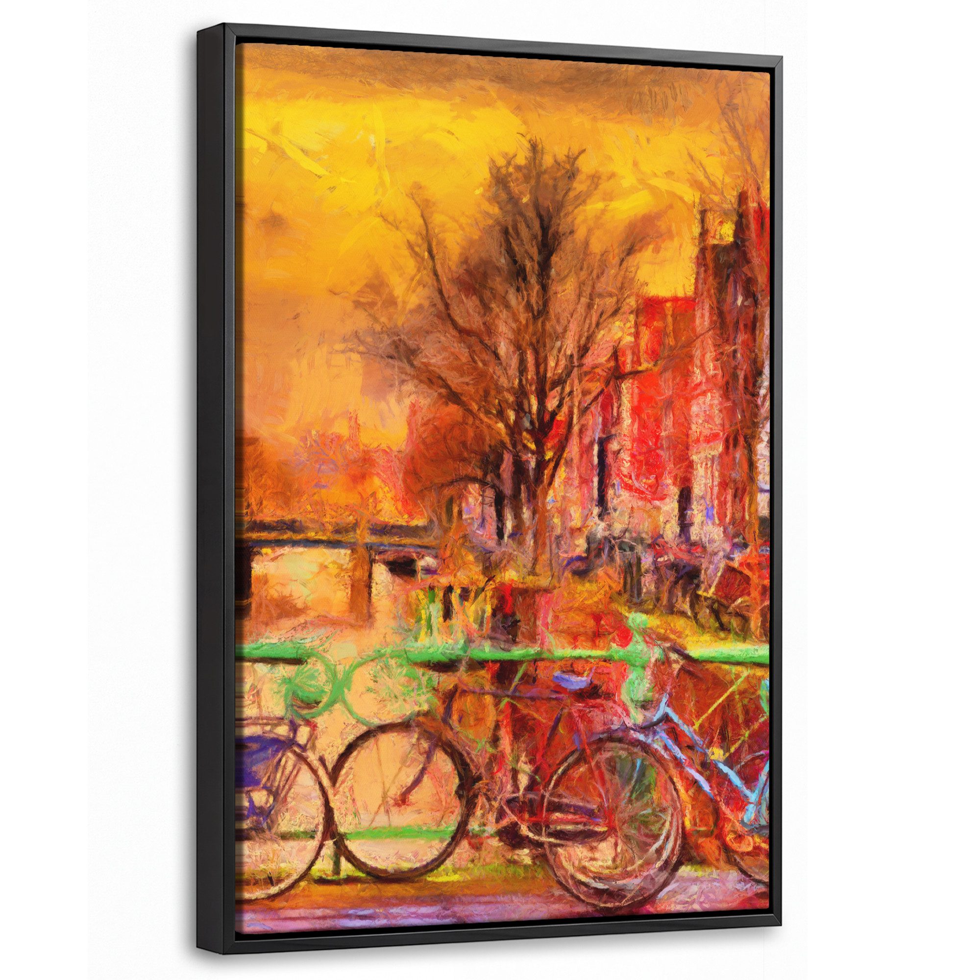 OneMillionCanvasses® Leinwandbild mit Rahmen - Kunstdrucke - Fahrrad - Amsterdam - Gracht - Öl, Fotodruck (1 St), Deko für Wohnzimmer Schlafzimmer Küche 20x30cm