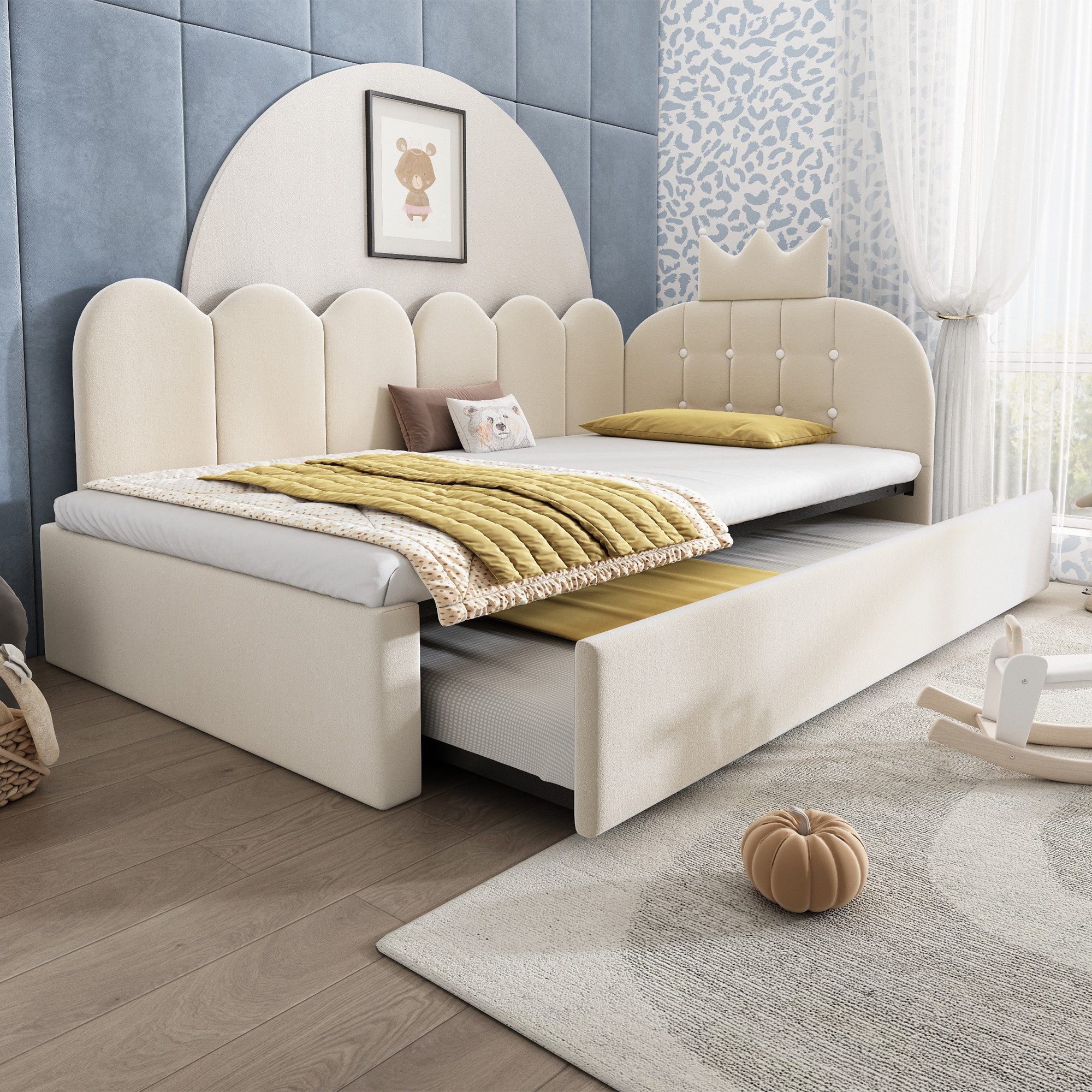 Flieks Polsterbett, Daybett L-Form 90x200cm mit Kronen-Design und Ausziehbett 90x190cm