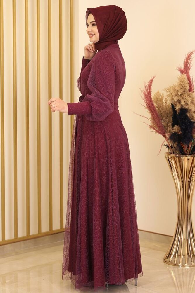 Modavitrini Abendkleid langärmliges Hijab Kleid Bordeauxrot Tüllkleid Abiye silbriges Abaya Maxikleid