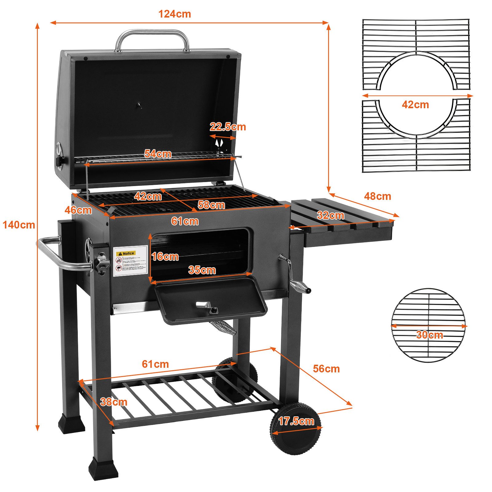 TLGREEN Holzkohlegrill Grillwagen XXL, mit Rädern & Thermometer, Hochwertiger Grillwagen für Garten Camping Picknick, Smoker Grill mit Deckel, Höhenverstellbare – Bild 2 von 5