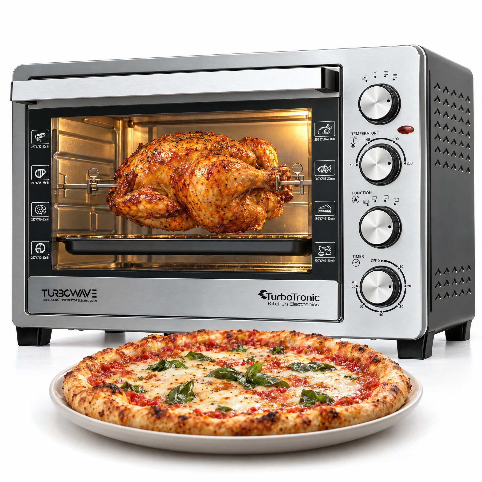 TurboTronic by Z-Line Minibackofen 2000 W 38 l Mini Backofen, Umluft, Drehspieß, Grill, Timer, 2 Bleche, Tischbackofen & Pizzaofen, kleiner Backofen, Miniofen, freistehend