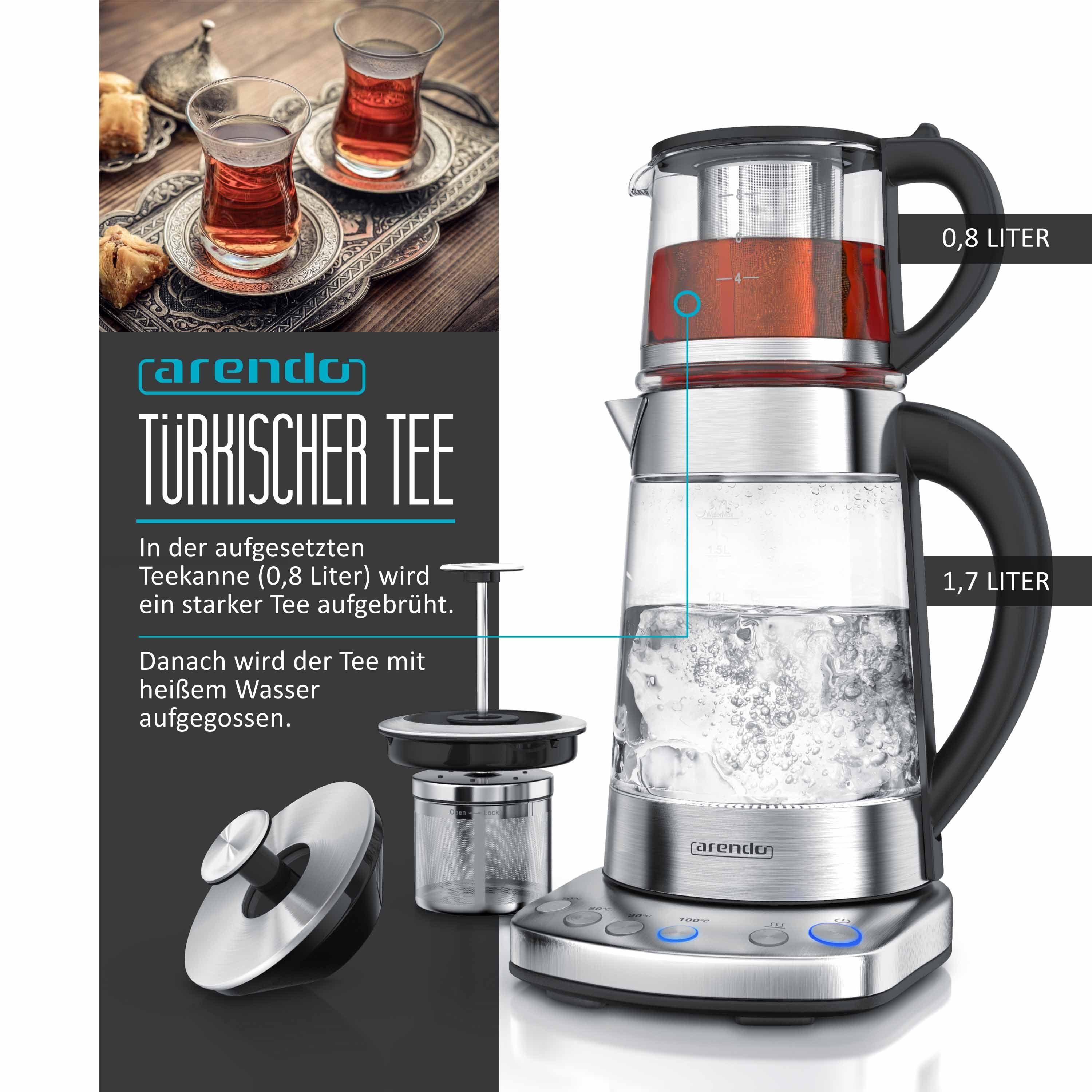 Arendo Wasserkocher Glas, Temperatureinstellung, Teesieb & Aufsatz, Türkischer Teekocher, 1,7 l, 2400 W, mit Teeaufsatz, Temperatureinstellung 70 - 100° C, Abschaltautomatik