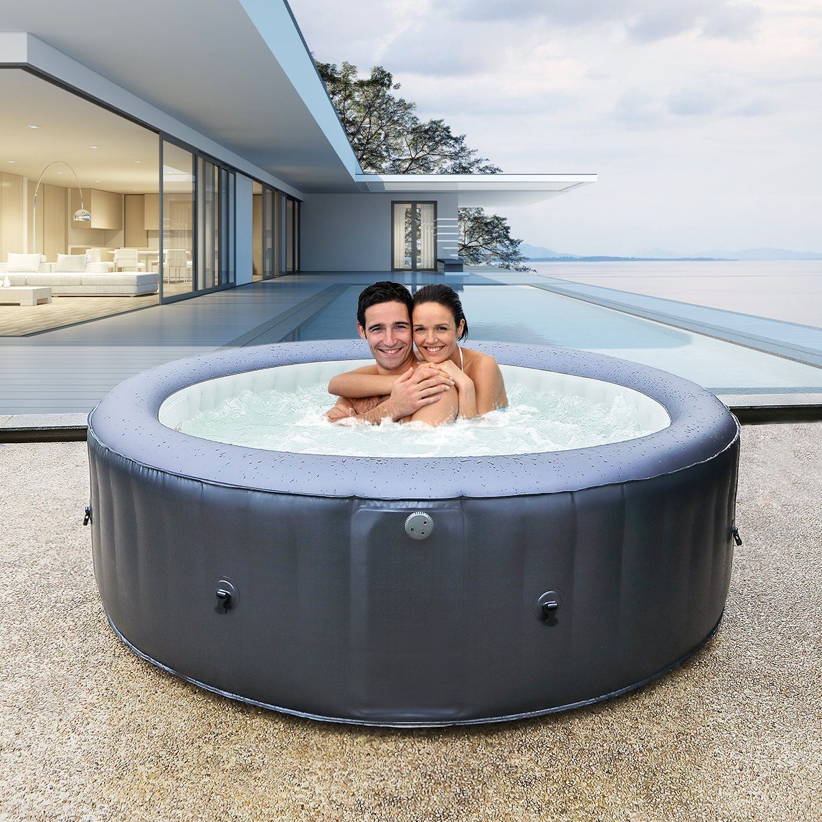 mSpa Whirlpool aufblasbar Muse Carlton M-CA061 für 6 Personen -  Hydro-Massage, (Outdoor Indoor Luxus Garten Pool - inkl.  Wärmeschutzabdeckung - UV-C Filter - 6-Schicht-PVC - 40 ° C  Schnellheizsystem - 6 einstellbare