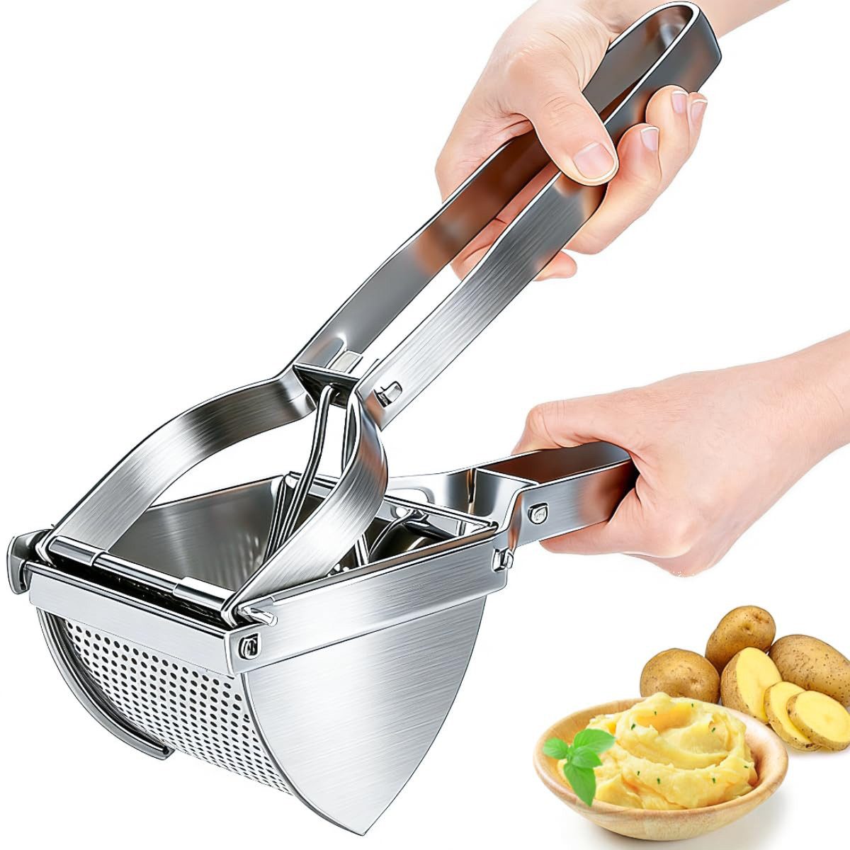 AKKEE Kartoffelpresse Edelstahl, Schaumkelle Set Potato Press, Griff Kartoffelstampfer für Kartoffel Obstsäfte Gemüsebrei Püree