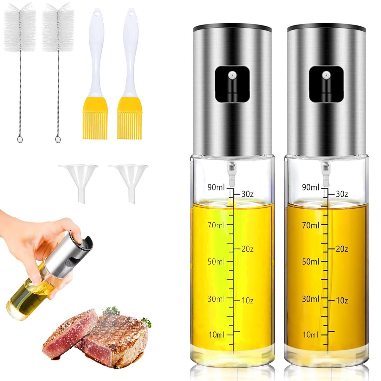 SURFOU Ölspender 2 Stück Ölsprüher für Speiseöl und Essig Glas Speiseöl Sprühflasche, Olivenöl Sprüher Oil Sprayer für Salat, Grillen mit Skala & Trichter