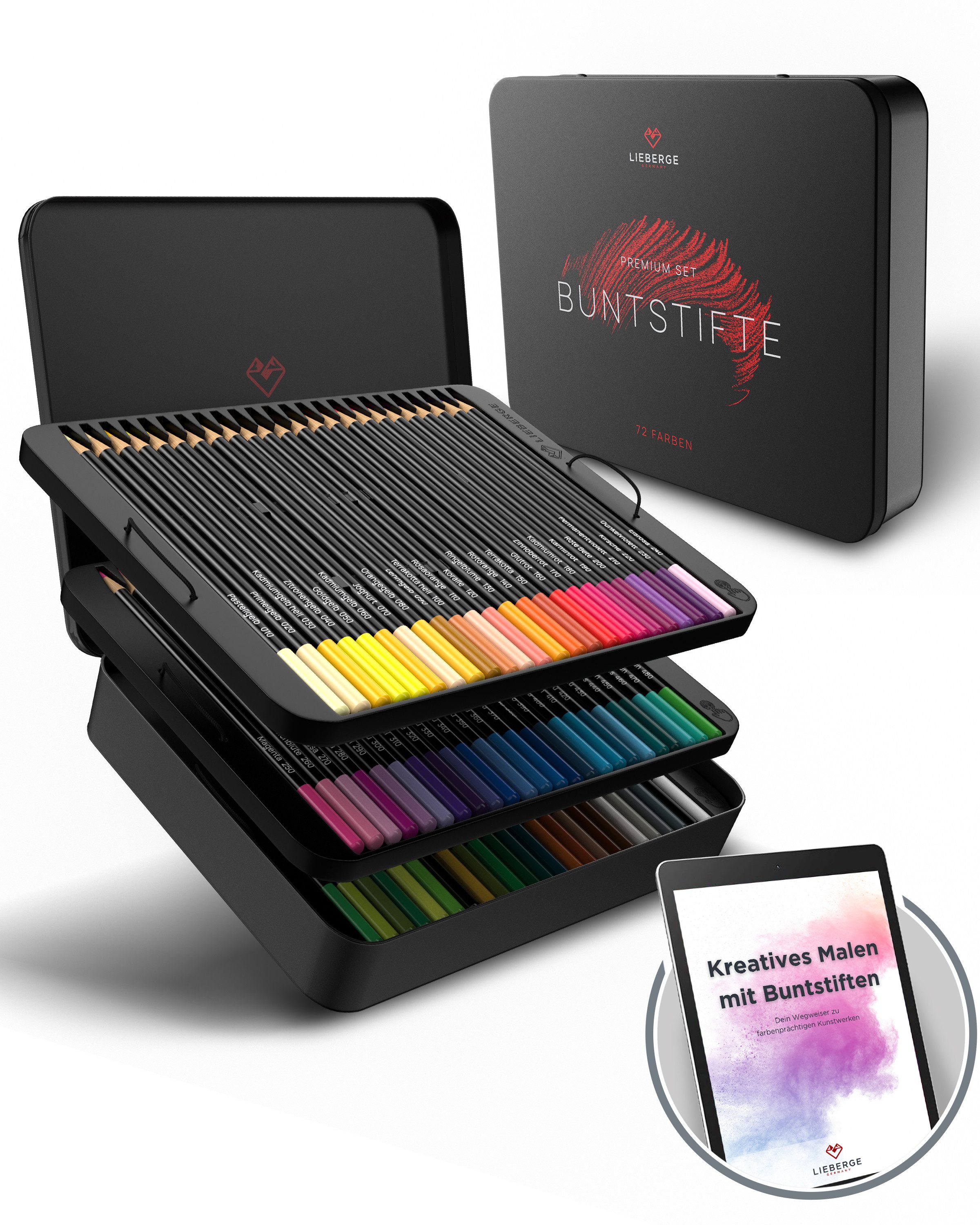 LIEBERGE Buntstift Premium Set 72 Farben in Metallschatulle, (Set, 72 Buntstifte in Metallschatulle), 72 intensive abgestimmte Farben, weiche bruchsichere Mine