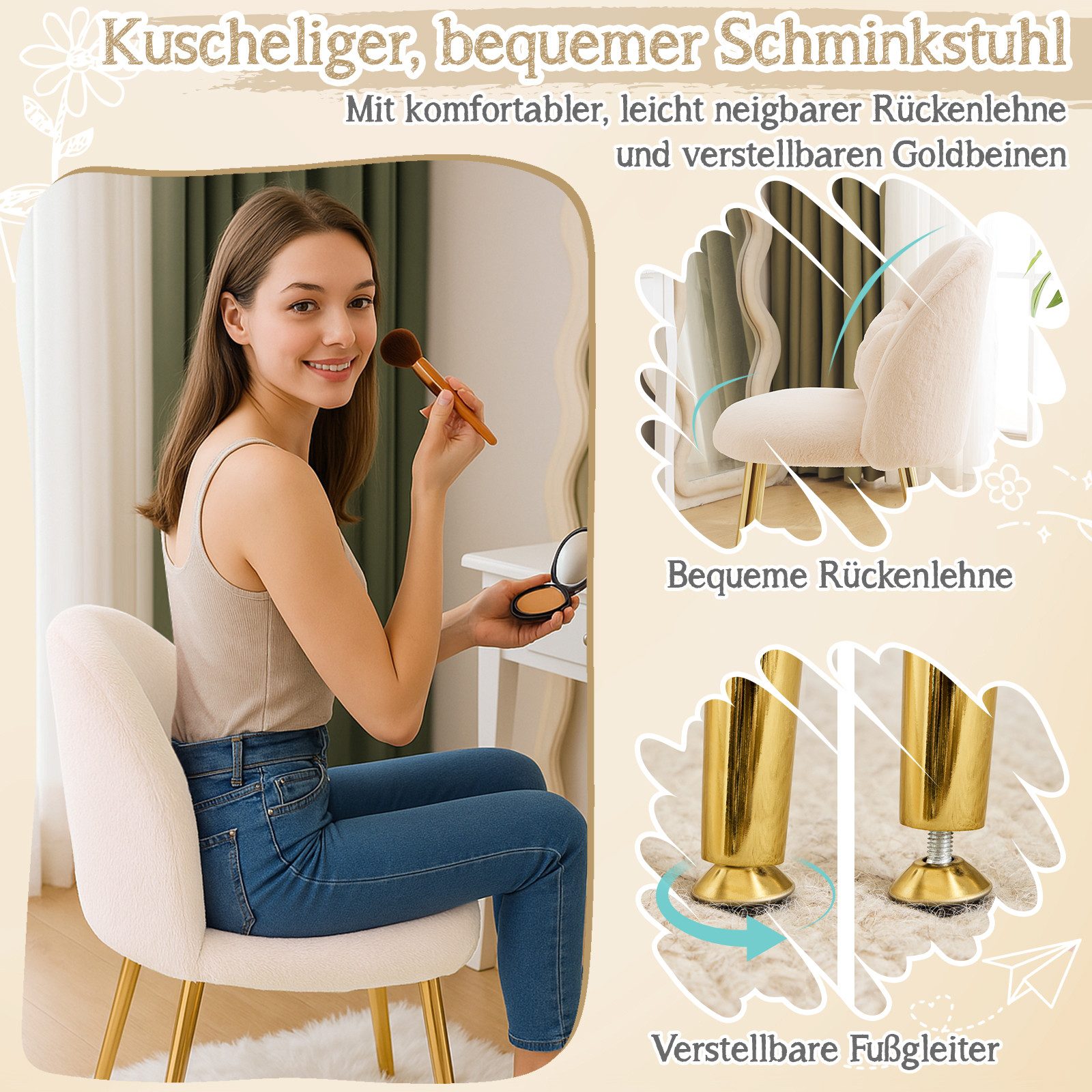 VINGLI Polsterstuhl mit Schleife Zierkissen, Schminktisch Stuhl, Monderne Esszimmerstuhl, Teddy-Stoff/Plüsch, bis 136 kg belastbar, Kinderzimmer Schlafzimmer – Bild 5 von 5