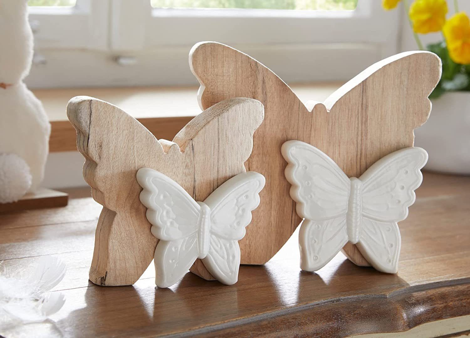 Dekoleidenschaft Dekofigur Schmetterlinge aus Holz & Porzellan weiß glänzend, Dekofigur, Holzdeko (2 St., im Set), Frühlingsdeko
