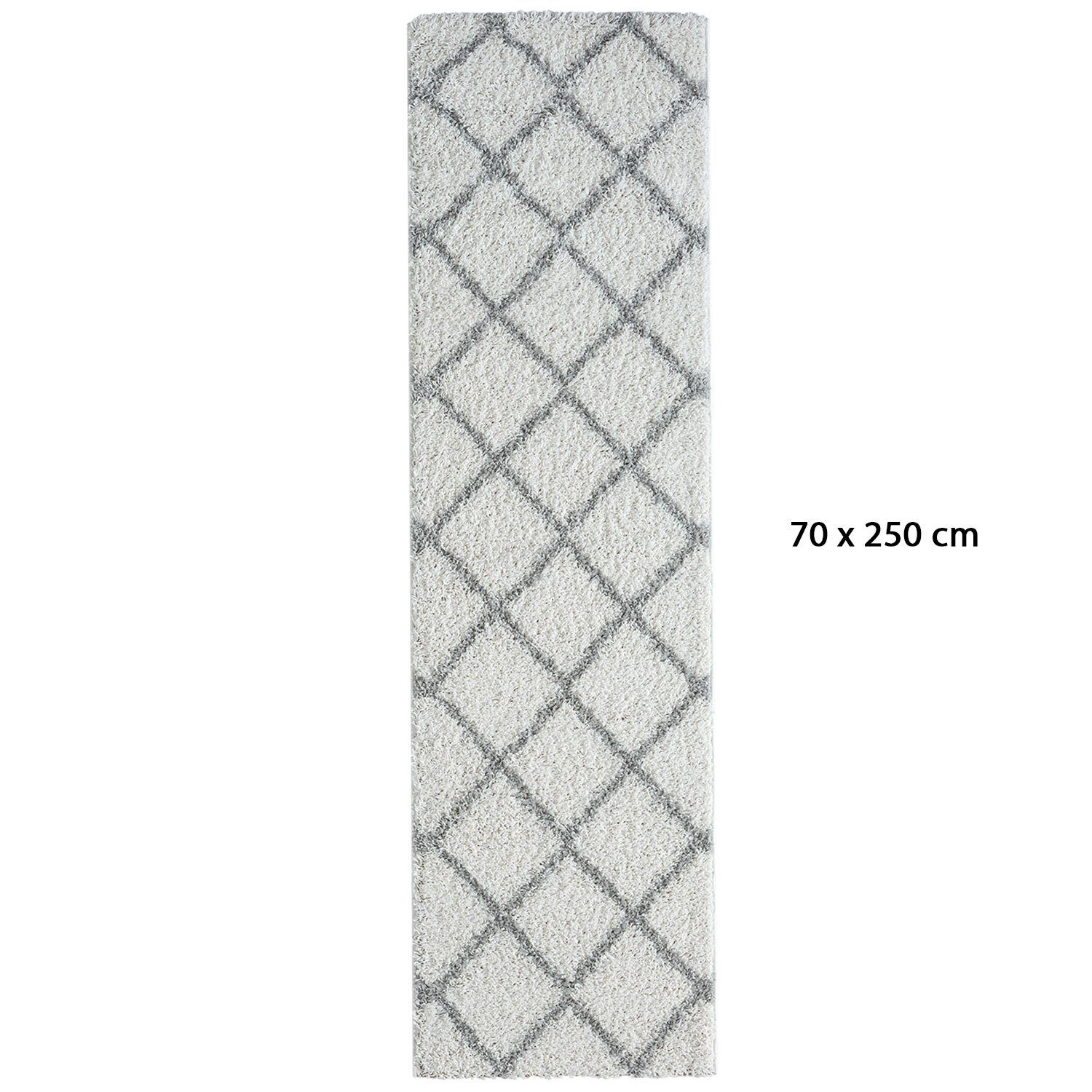 Vimoda Hochflor-Läufer Shaggy Wohnzimmer Rautenmuster Weiss, Rechteckig, Höhe: 30 mm, Langflor, Rauten muster, Skandi Design in Creme