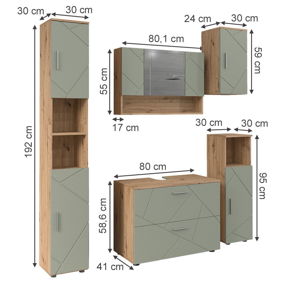 Vicco Badmöbel-Set Irma, Salbeigrün, 5 Teile, (5-St., 5er Set)