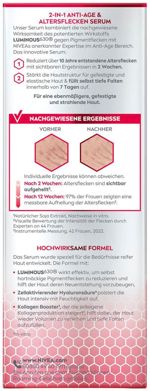 Nivea Gesichtsserum LUMINOUS630 ANTI-PIGMENTFLECKEN ANTI-AGE & ALTERSFLECKEN SERUM, Mit Kollagen-Booster, spendet Feuchtigkeit, füllt tiefe Falten auf.